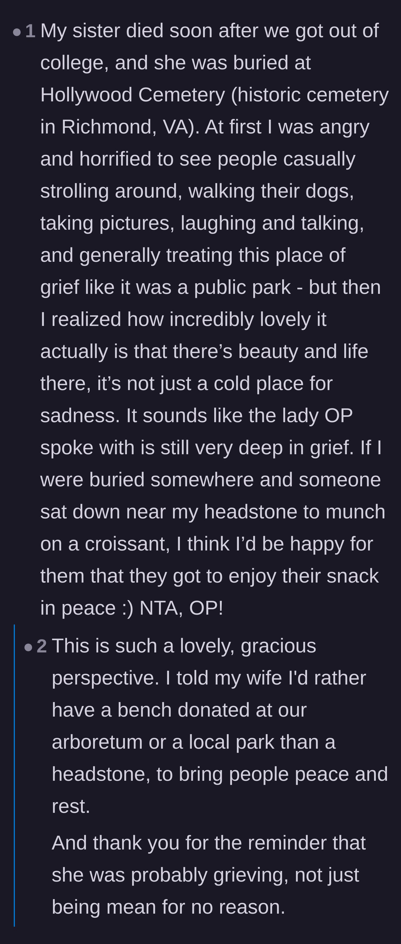 Comment thread 2 - A heartfelt perspective from someone whose sister is buried in a historic cemetery, expressing comfort that people use it as a peaceful park.