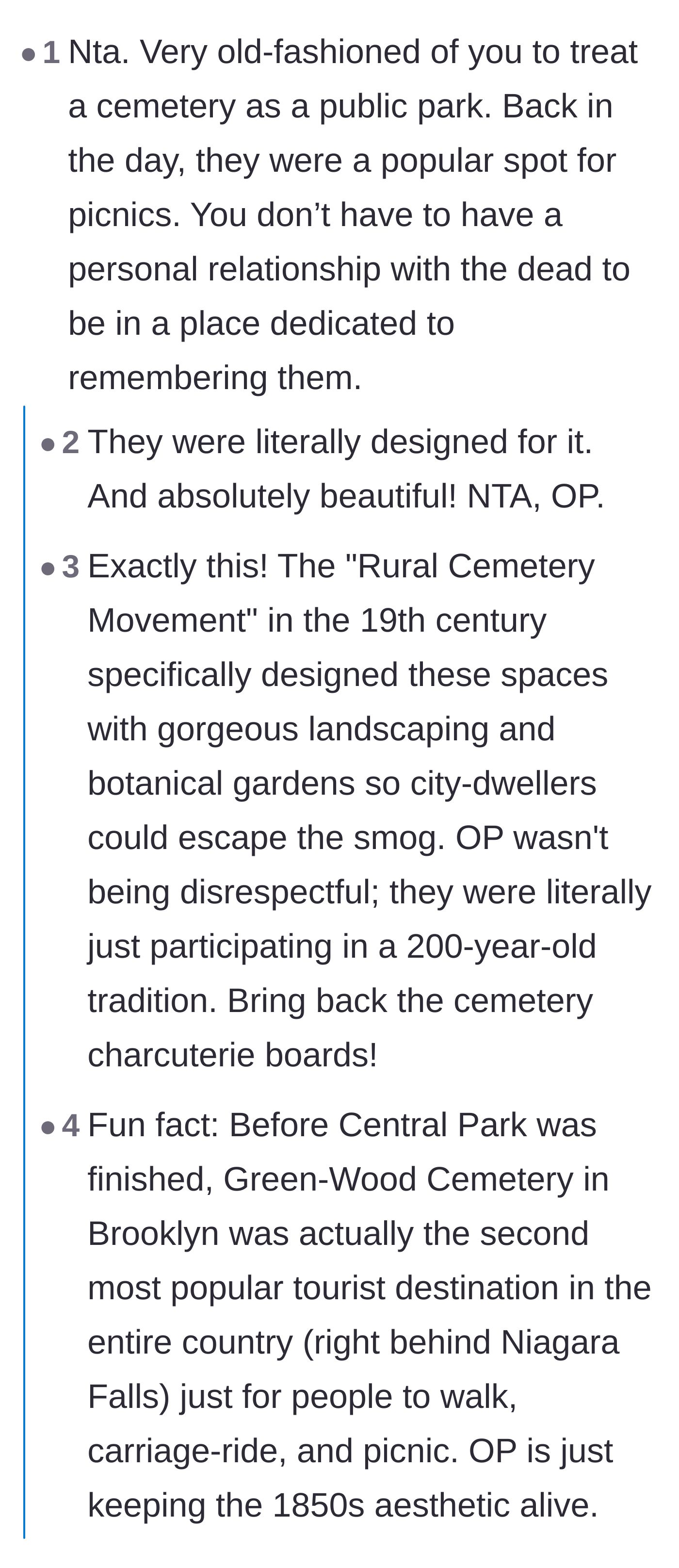 Comment thread 3 - Comments affirming that the 'Rural Cemetery Movement' specifically designed cemeteries as public, park-like spaces for city dwellers to escape and enjoy.