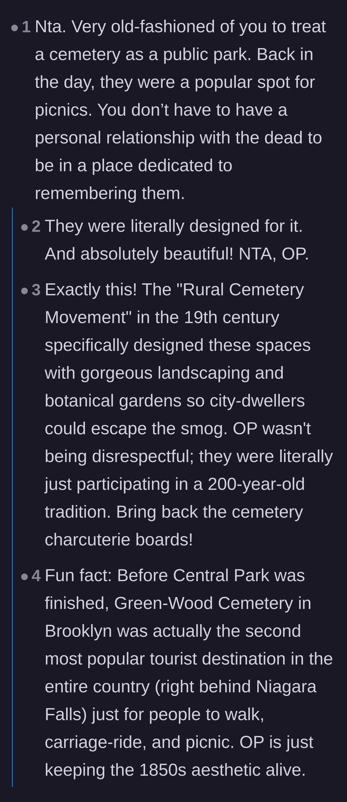 Comment thread 3 - Comments affirming that the 'Rural Cemetery Movement' specifically designed cemeteries as public, park-like spaces for city dwellers to escape and enjoy.