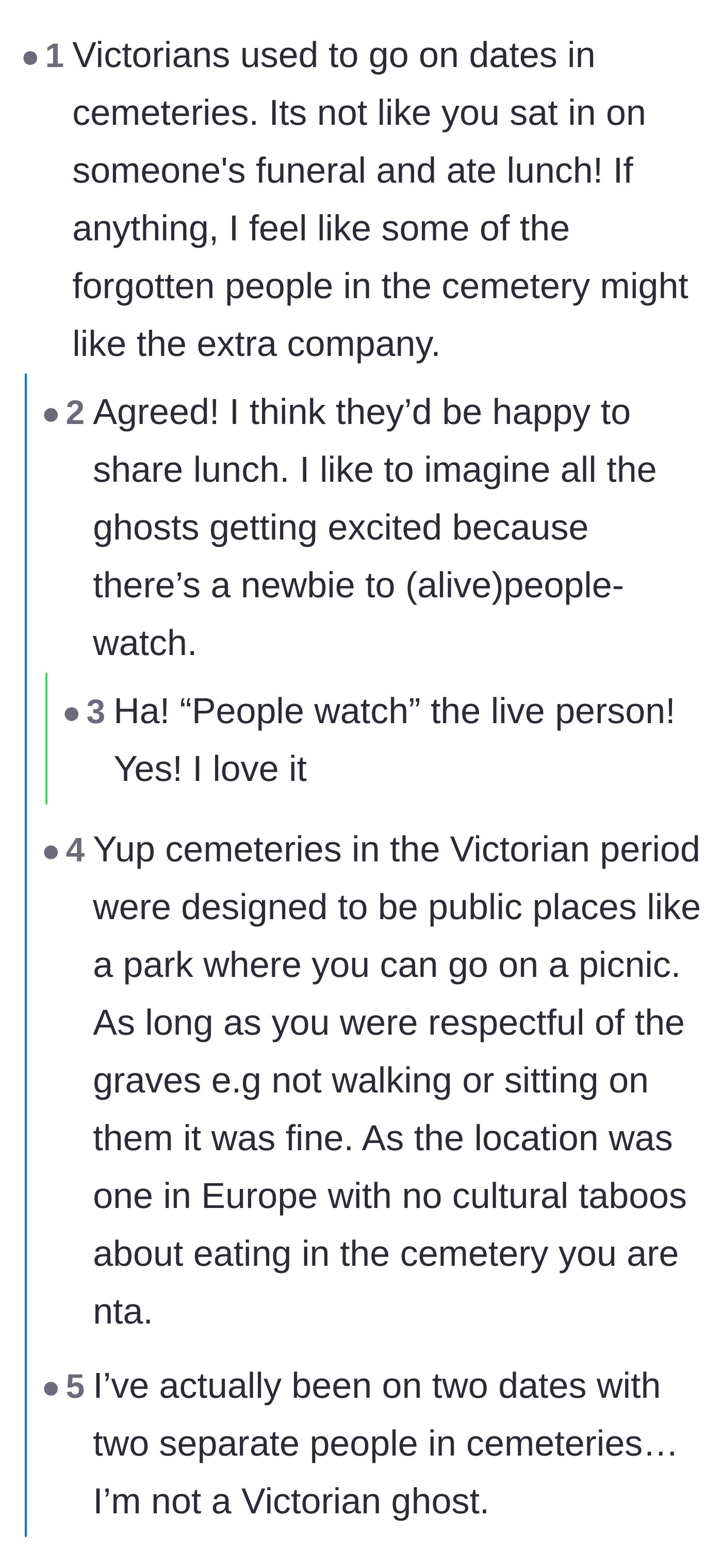 Comment thread 4 - People discussing Victorian cemetery dates and the charming idea that the resident ghosts might enjoy the company.