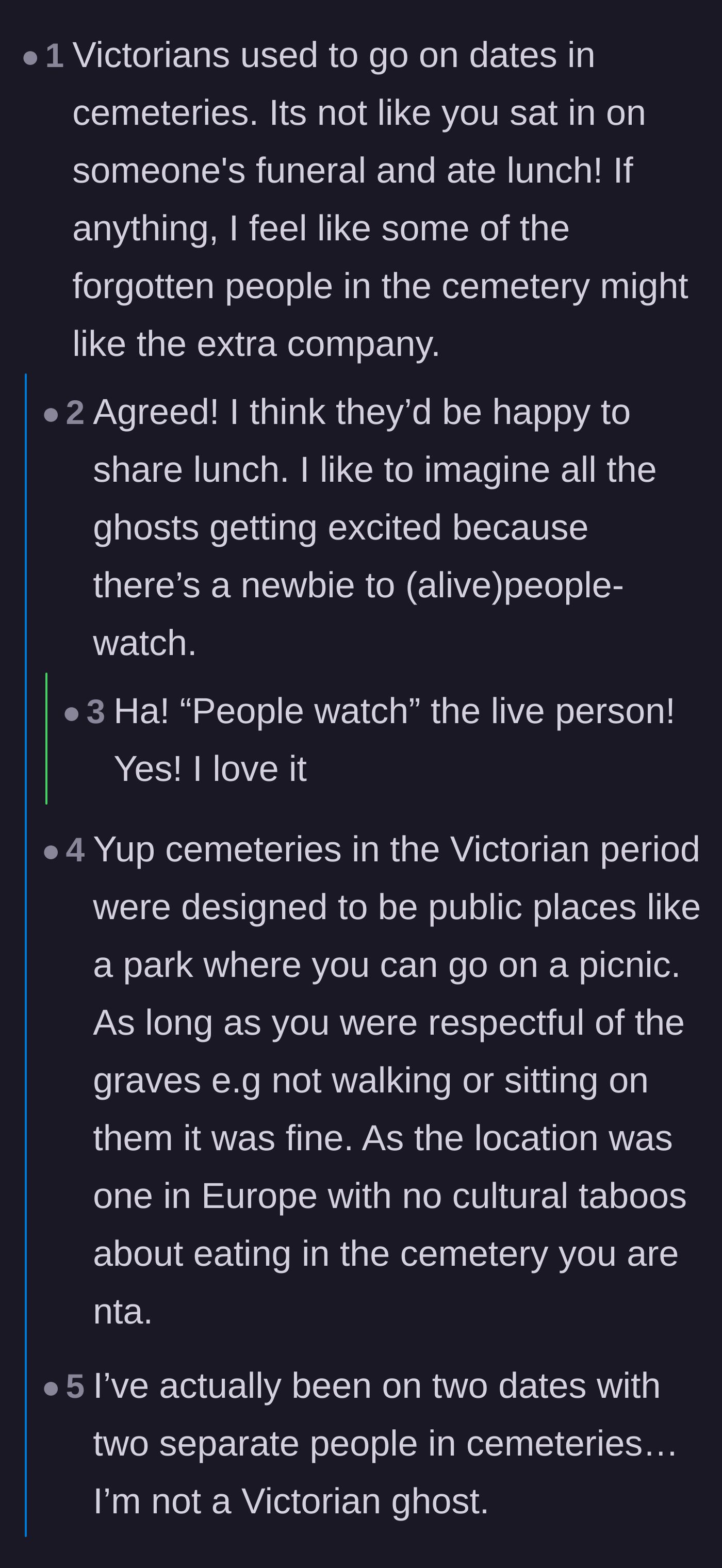 Comment thread 4 - People discussing Victorian cemetery dates and the charming idea that the resident ghosts might enjoy the company.