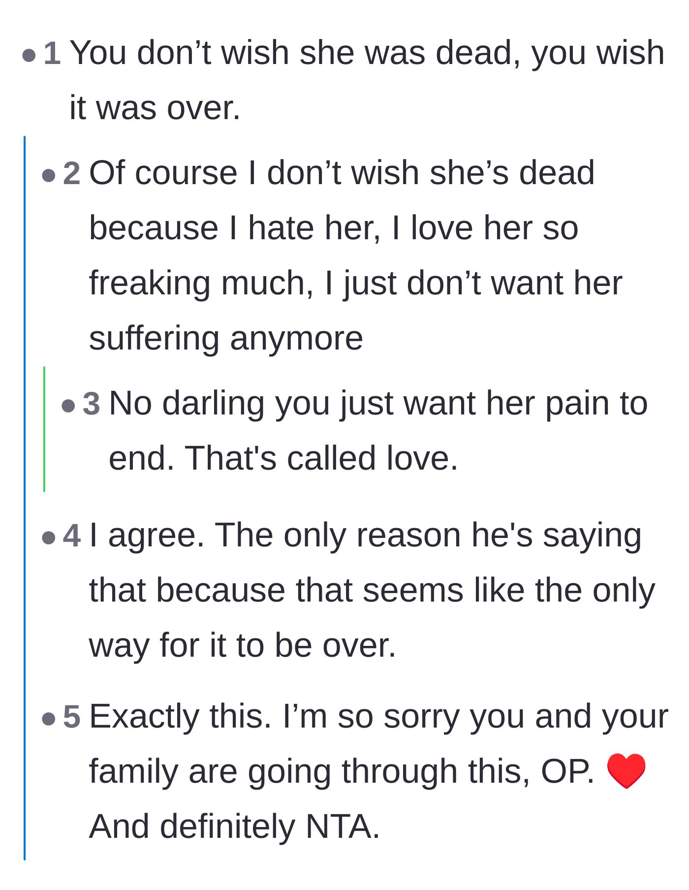 Comment thread 1 - Readers and fellow grieving parents reassure the father that wishing for an end to suffering is an act of deep love, not malice.