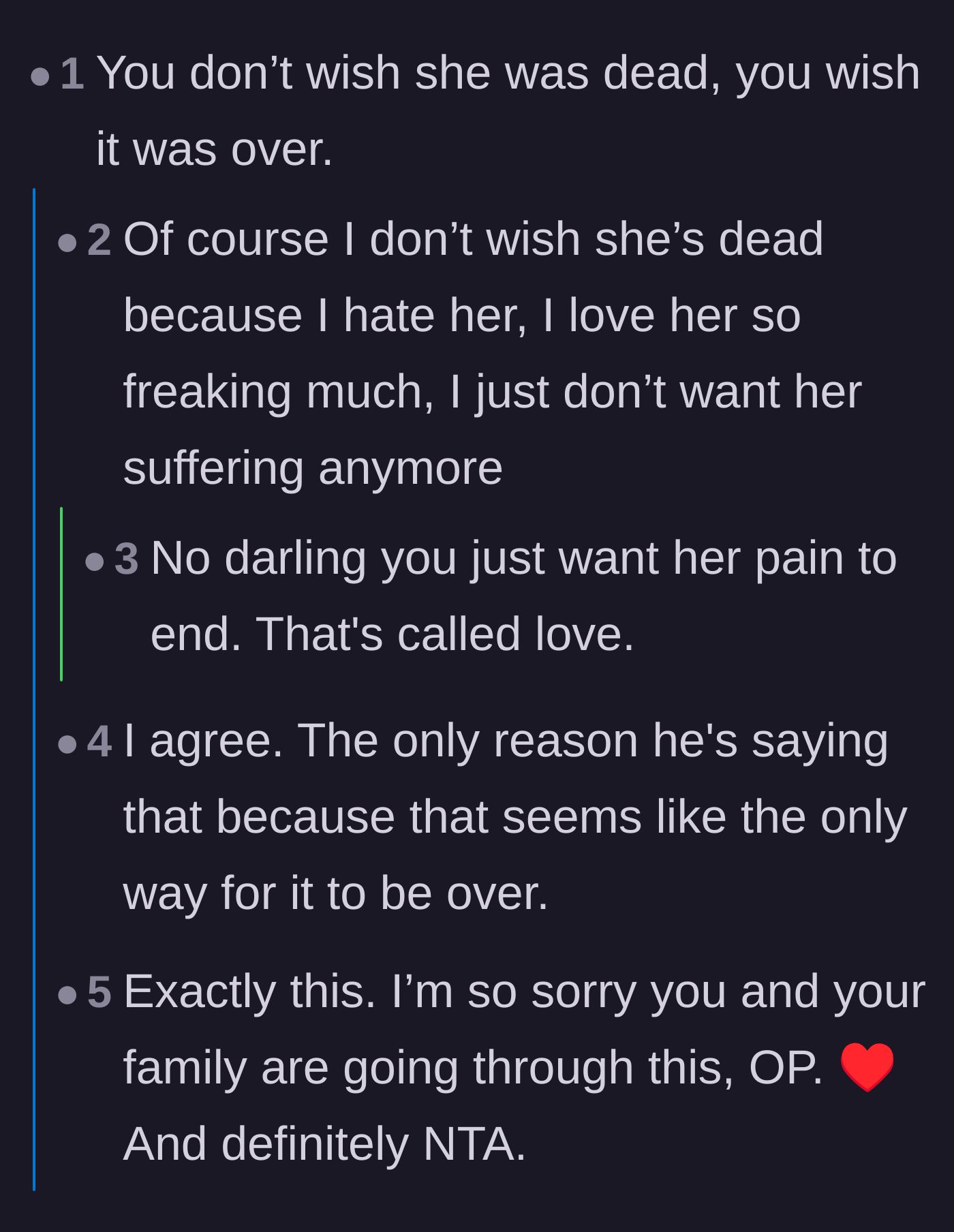 Comment thread 1 - Readers and fellow grieving parents reassure the father that wishing for an end to suffering is an act of deep love, not malice.