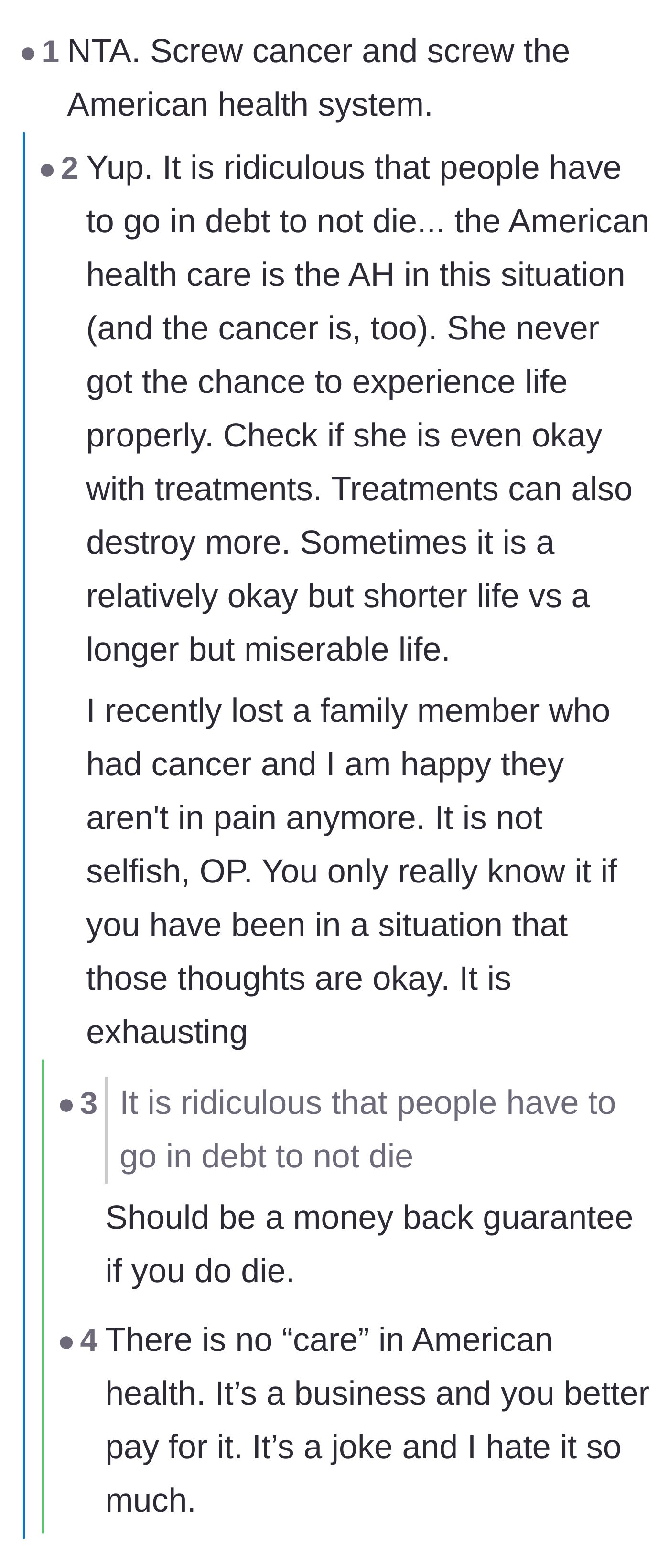 Comment thread 2 - A blunt critique of the American healthcare system and the cruel reality of going into insurmountable debt just to survive.