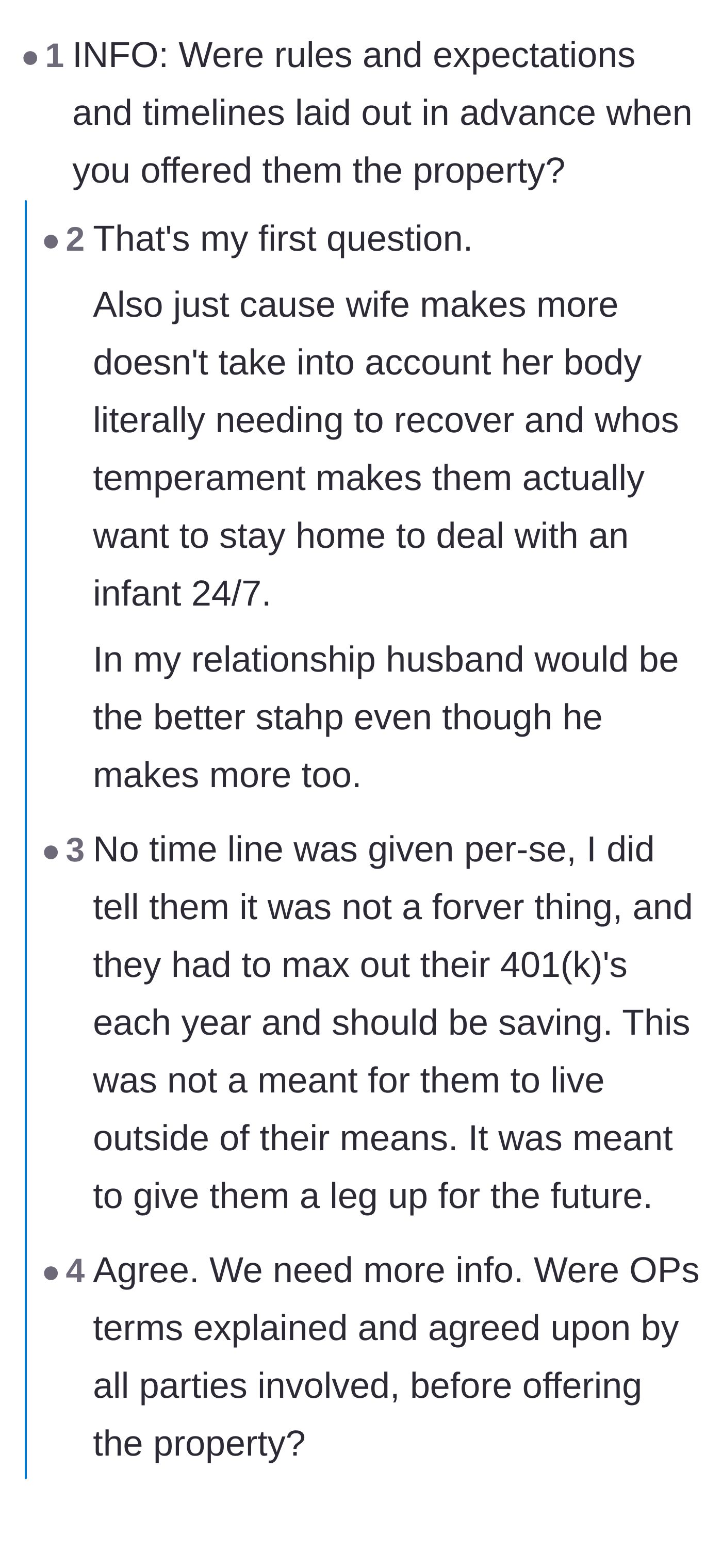 Comment thread 2 - A debate sparked by non-US readers who argue the father is cruel for not permanently subsidizing a stay-at-home parent.