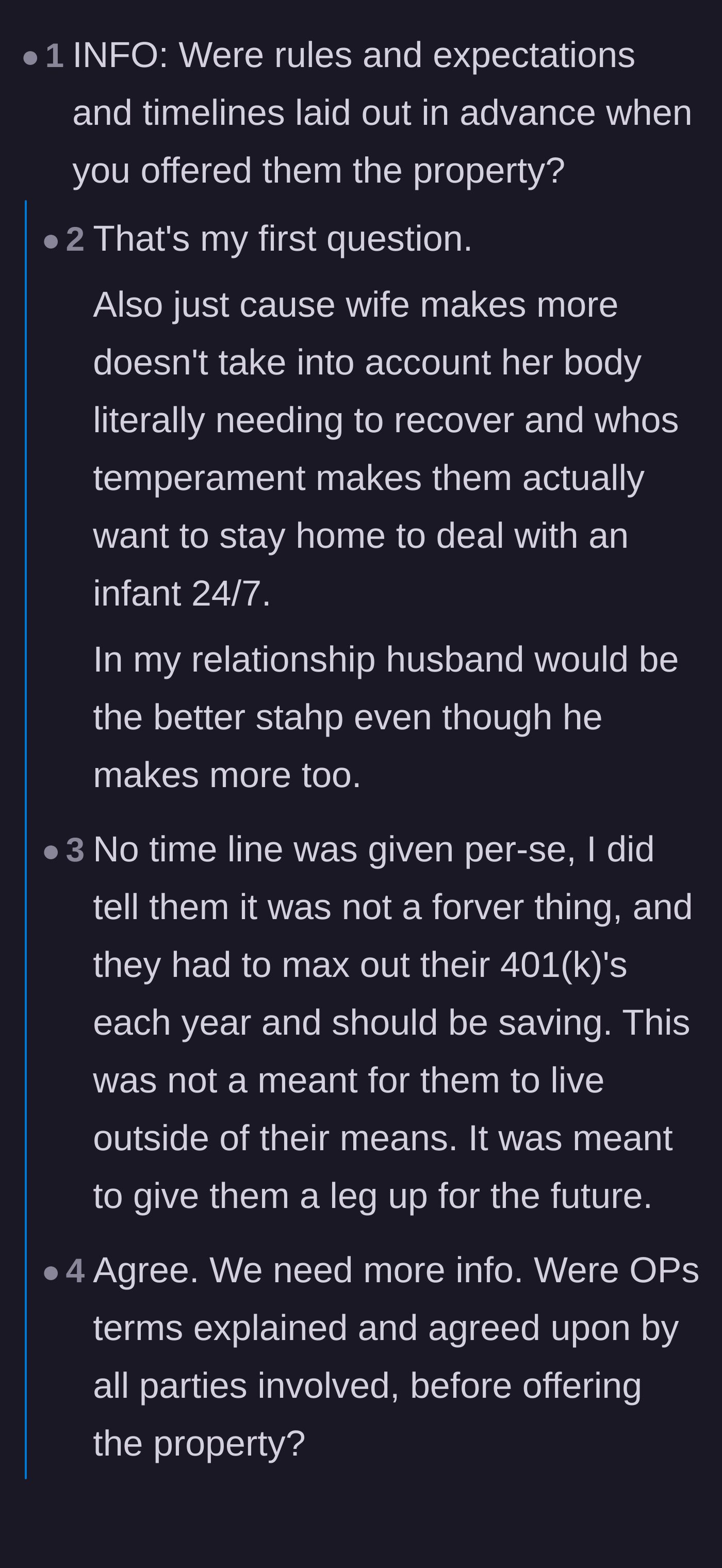 Comment thread 2 - A debate sparked by non-US readers who argue the father is cruel for not permanently subsidizing a stay-at-home parent.