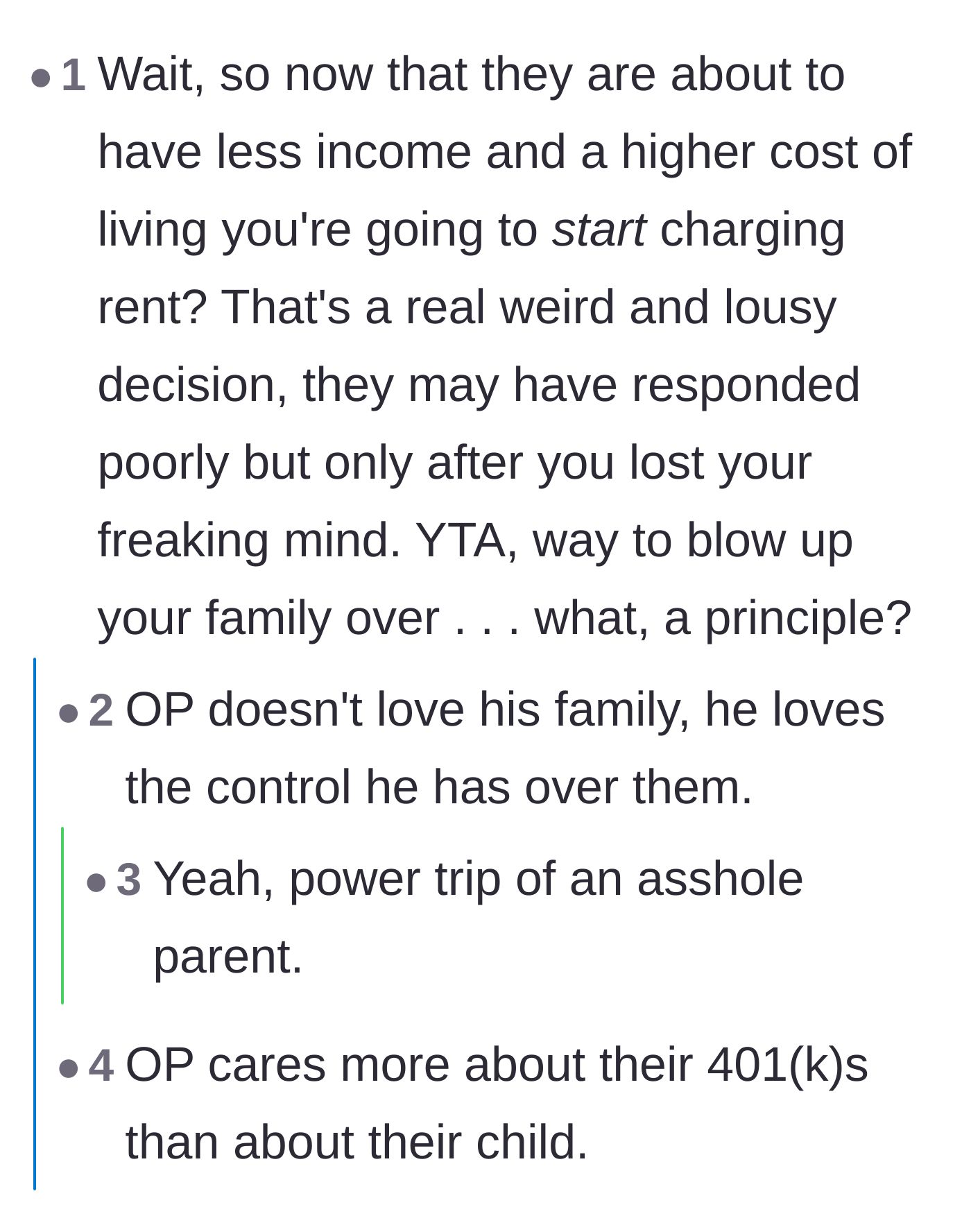Comment thread 6 - Accusations that the father is on a power trip and prioritizing his pride over his family's well-being.