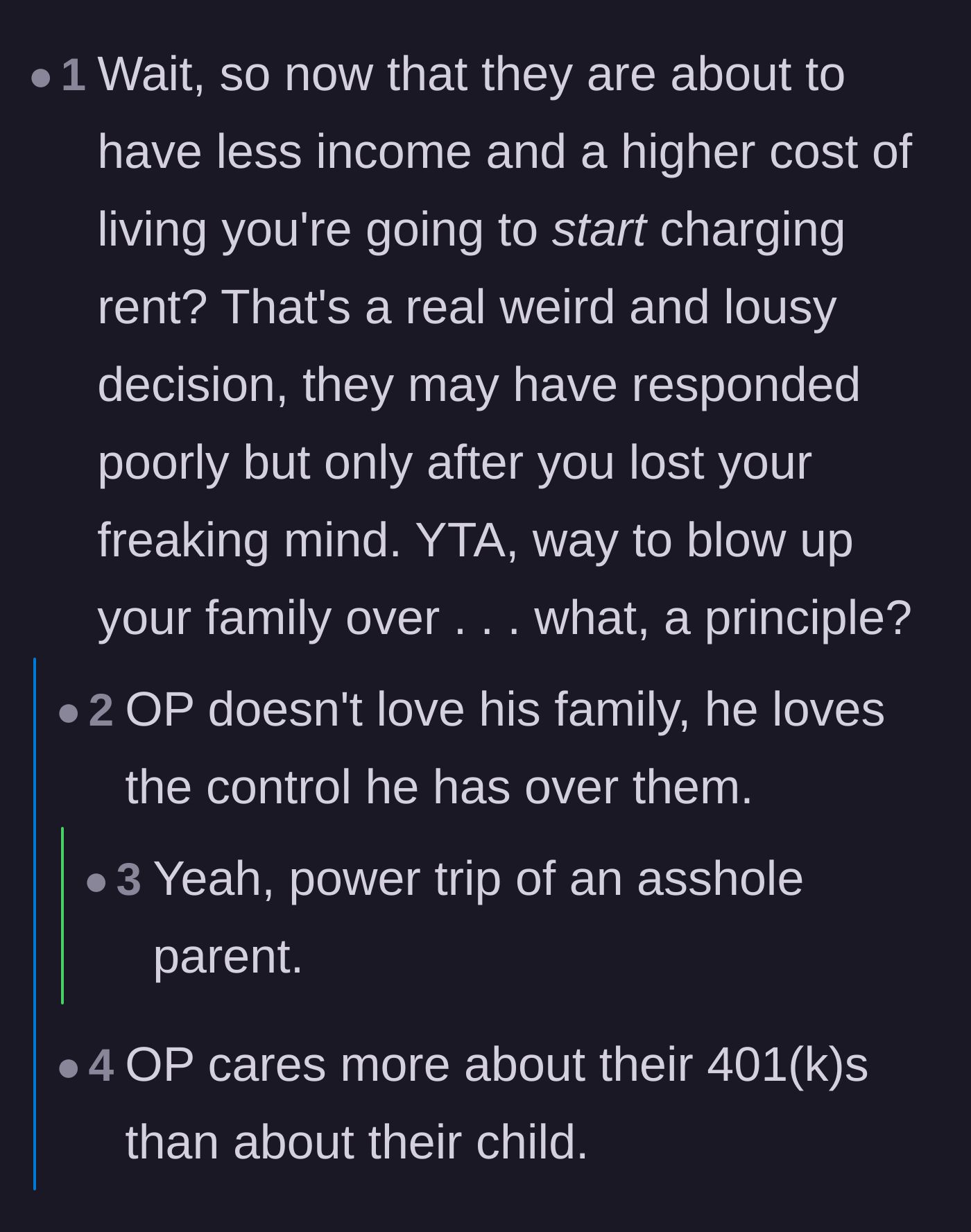 Comment thread 6 - Accusations that the father is on a power trip and prioritizing his pride over his family's well-being.