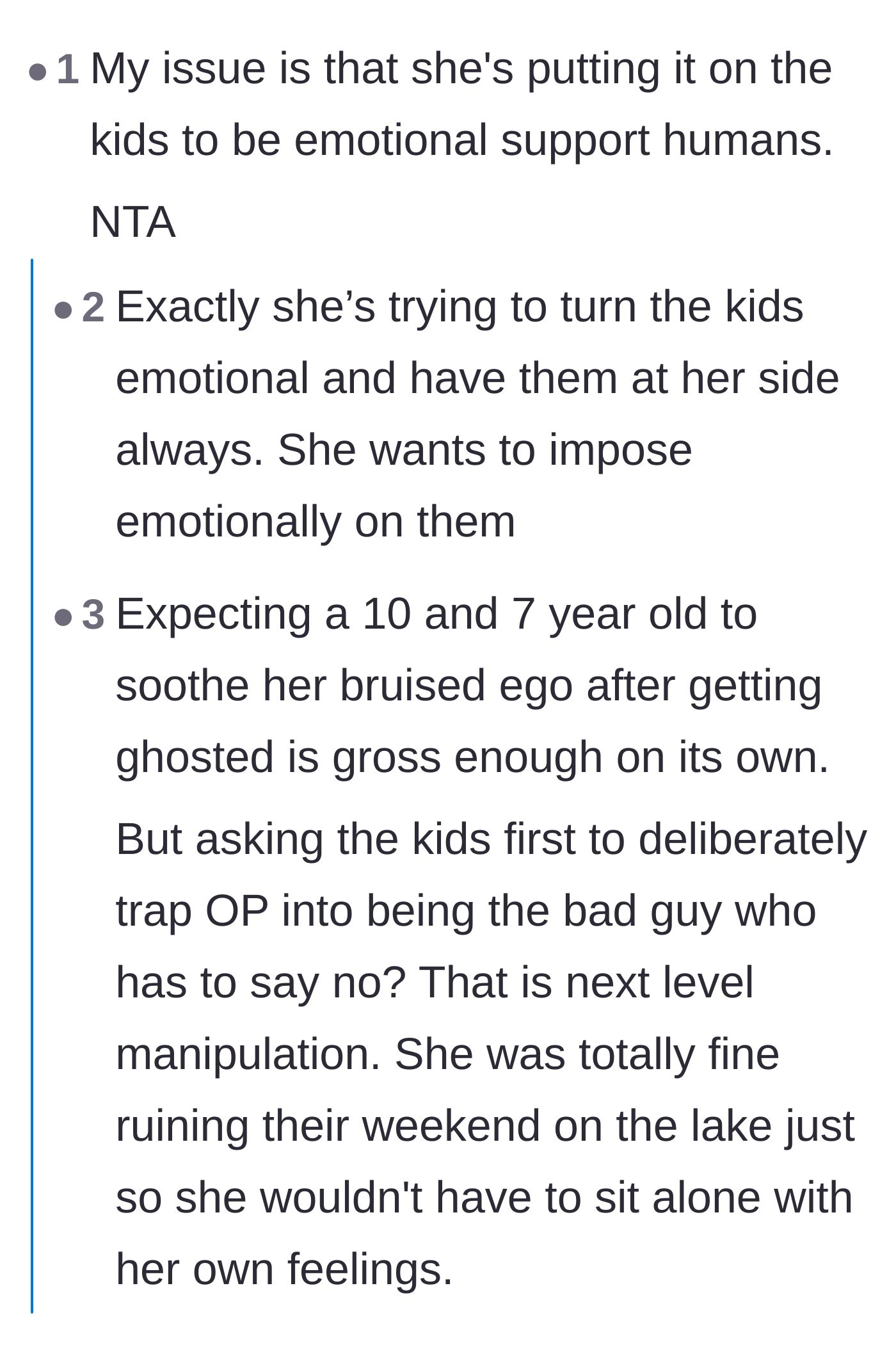 Comment thread 1 - Discussion on the psychological damage of using children as emotional support and the concept of parentification.