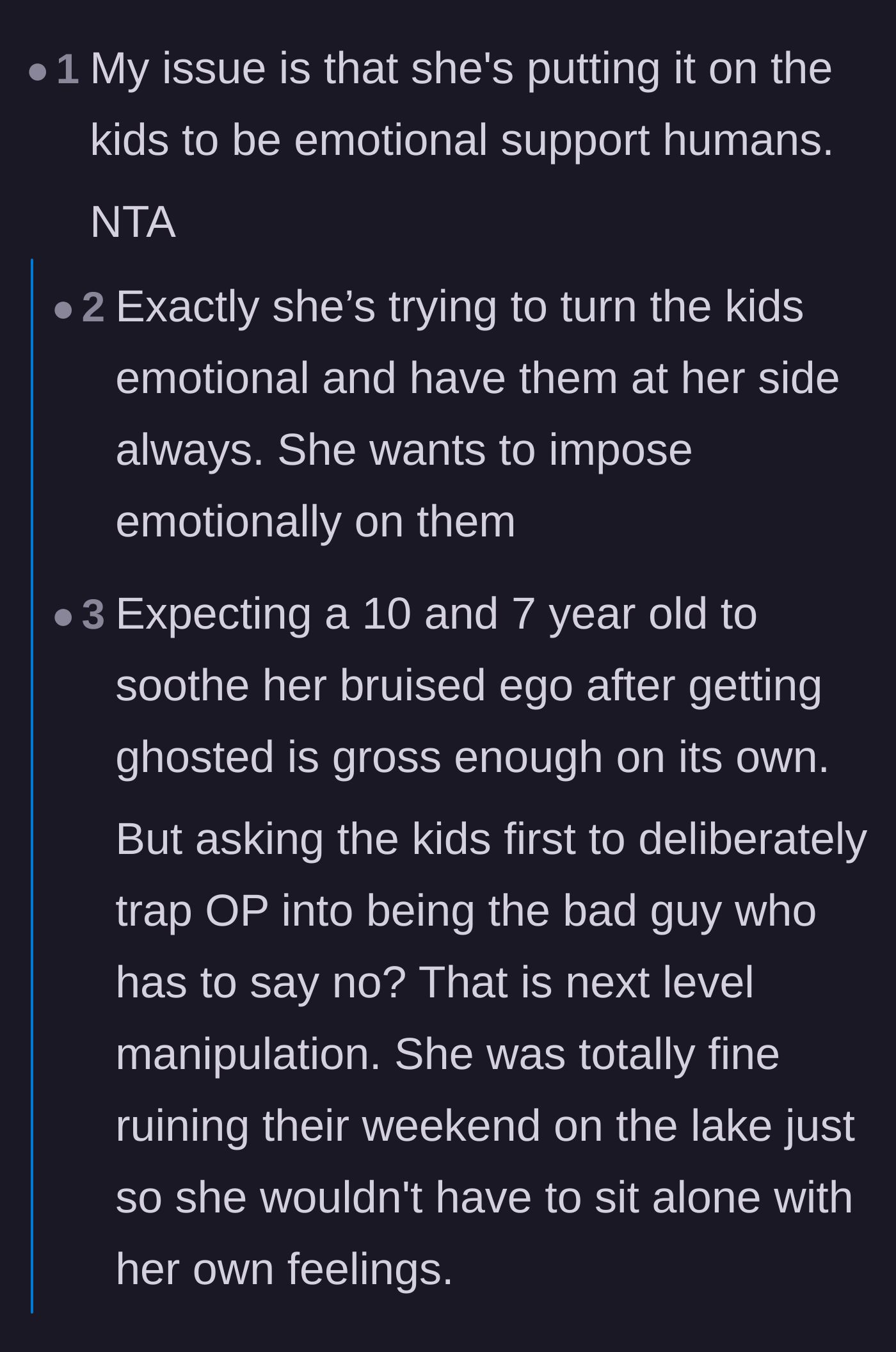 Comment thread 1 - Discussion on the psychological damage of using children as emotional support and the concept of parentification.