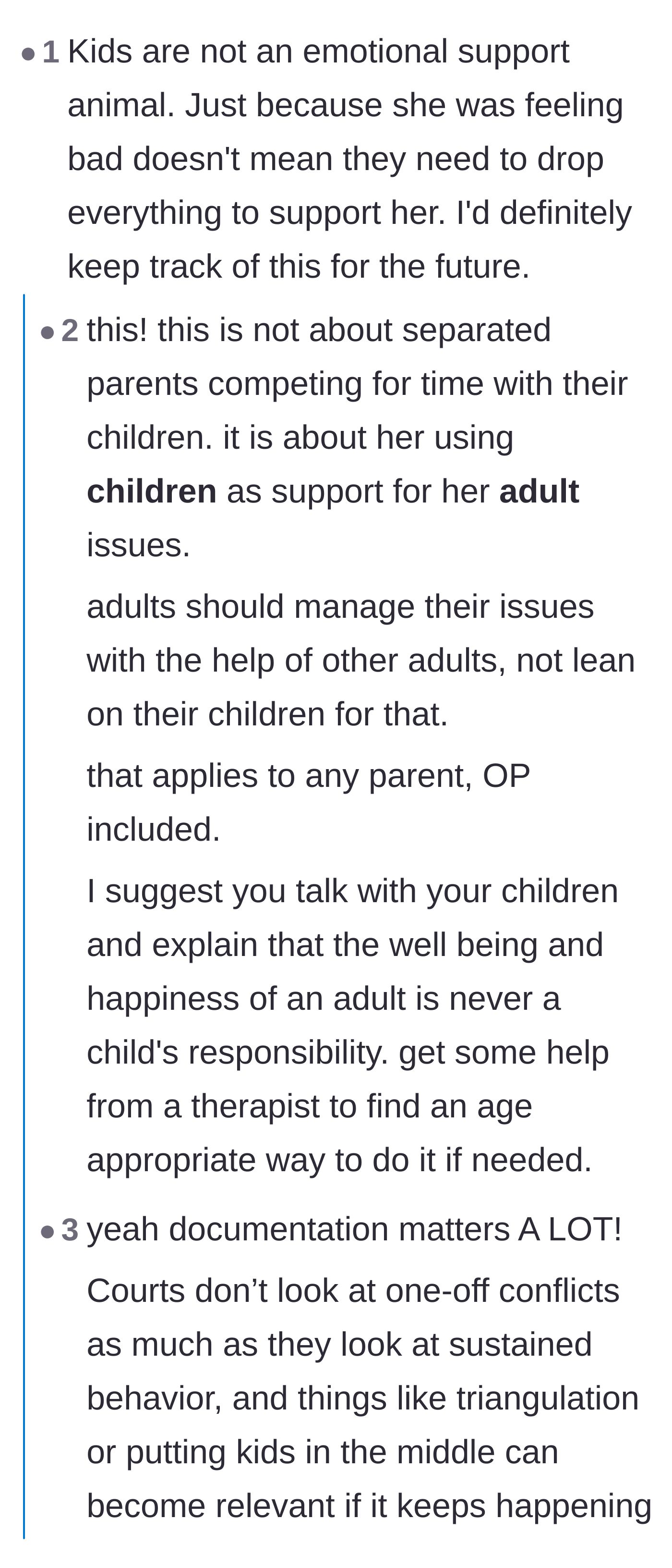 Comment thread 2 - Advice on keeping contemporaneous notes for the court and ensuring adult problems remain with adults.
