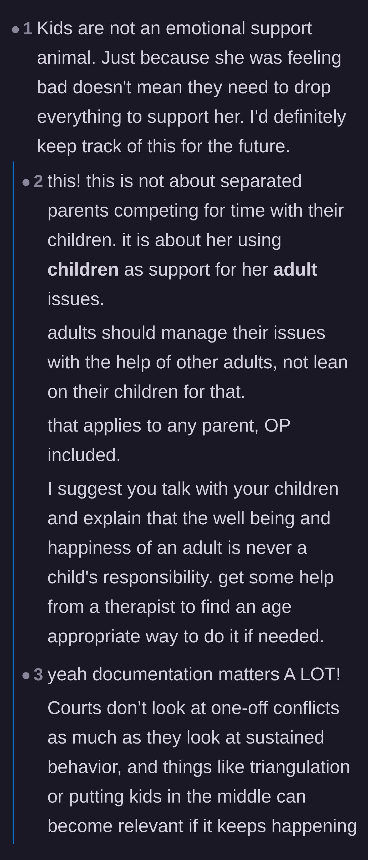 Comment thread 2 - Advice on keeping contemporaneous notes for the court and ensuring adult problems remain with adults.