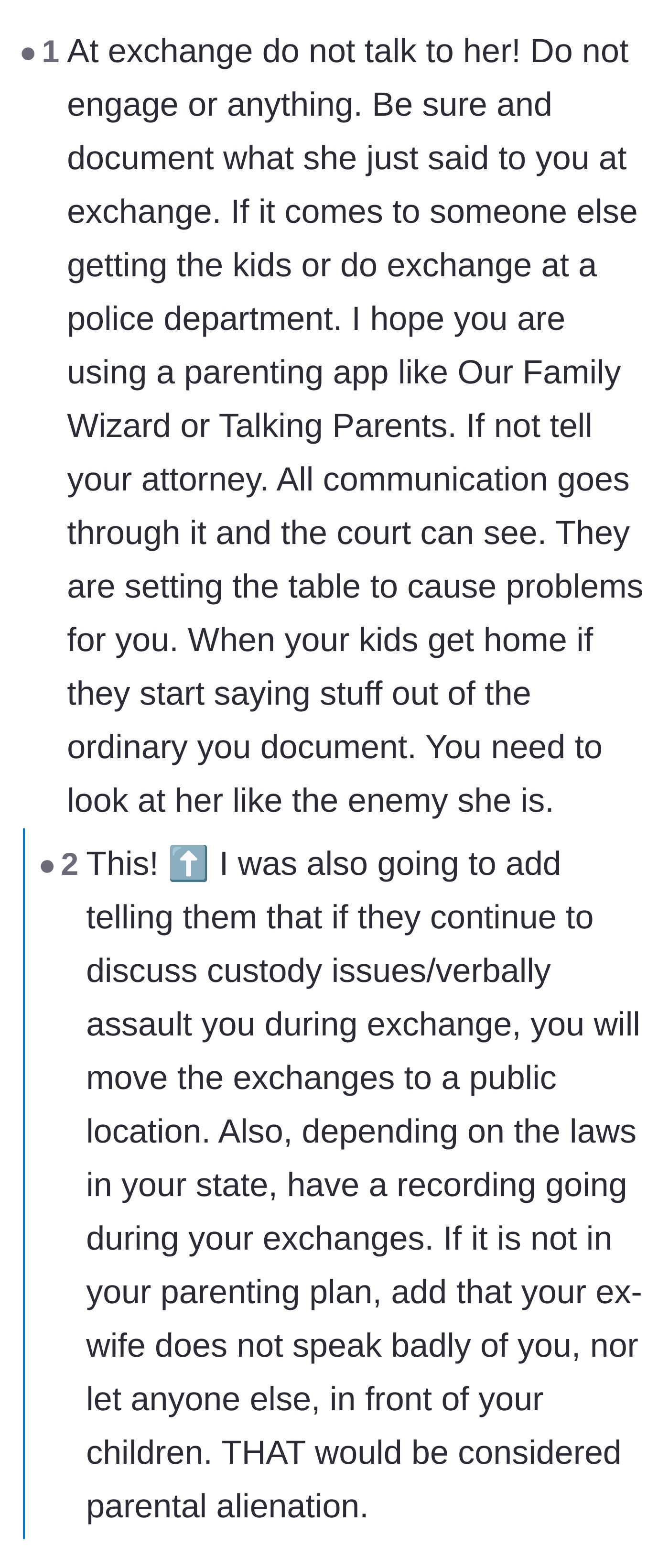Comment thread discussing the importance of using parenting apps and neutral locations for custody exchanges to avoid harassment.