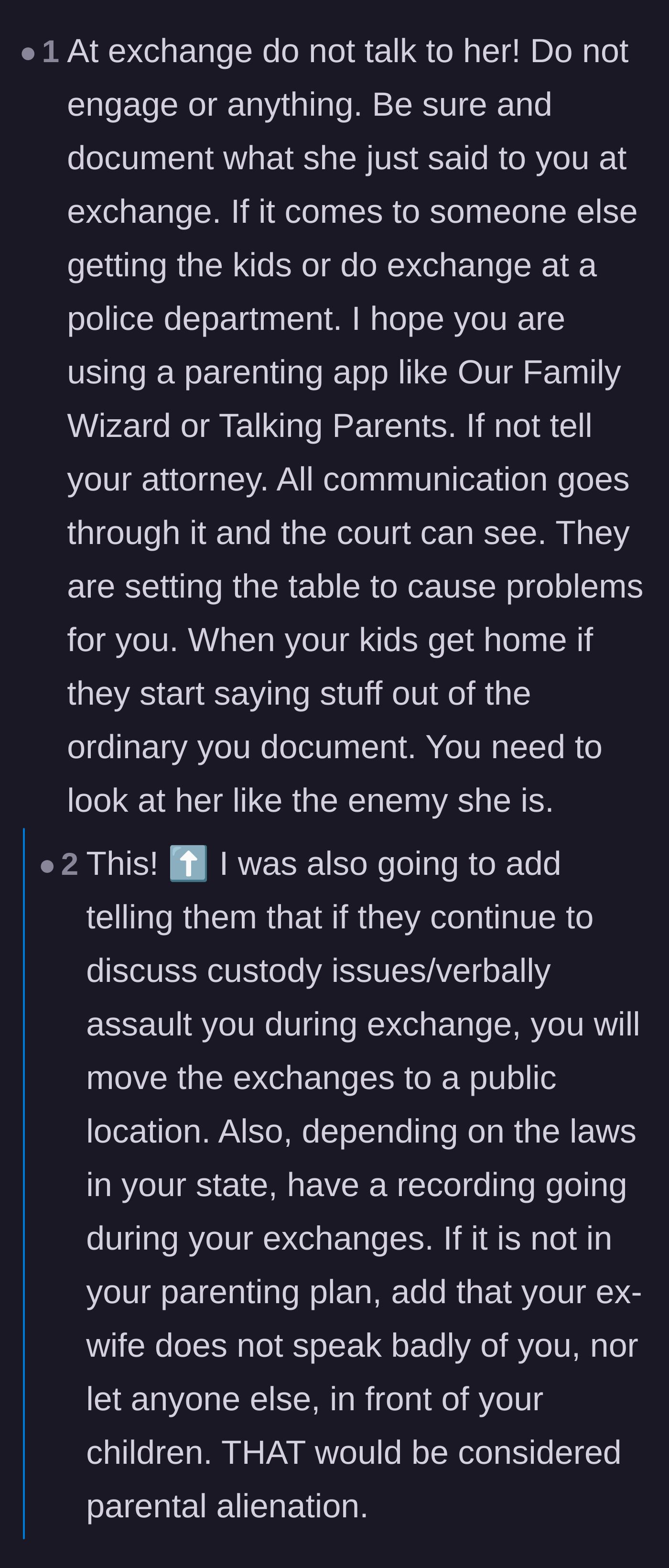 Comment thread discussing the importance of using parenting apps and neutral locations for custody exchanges to avoid harassment.