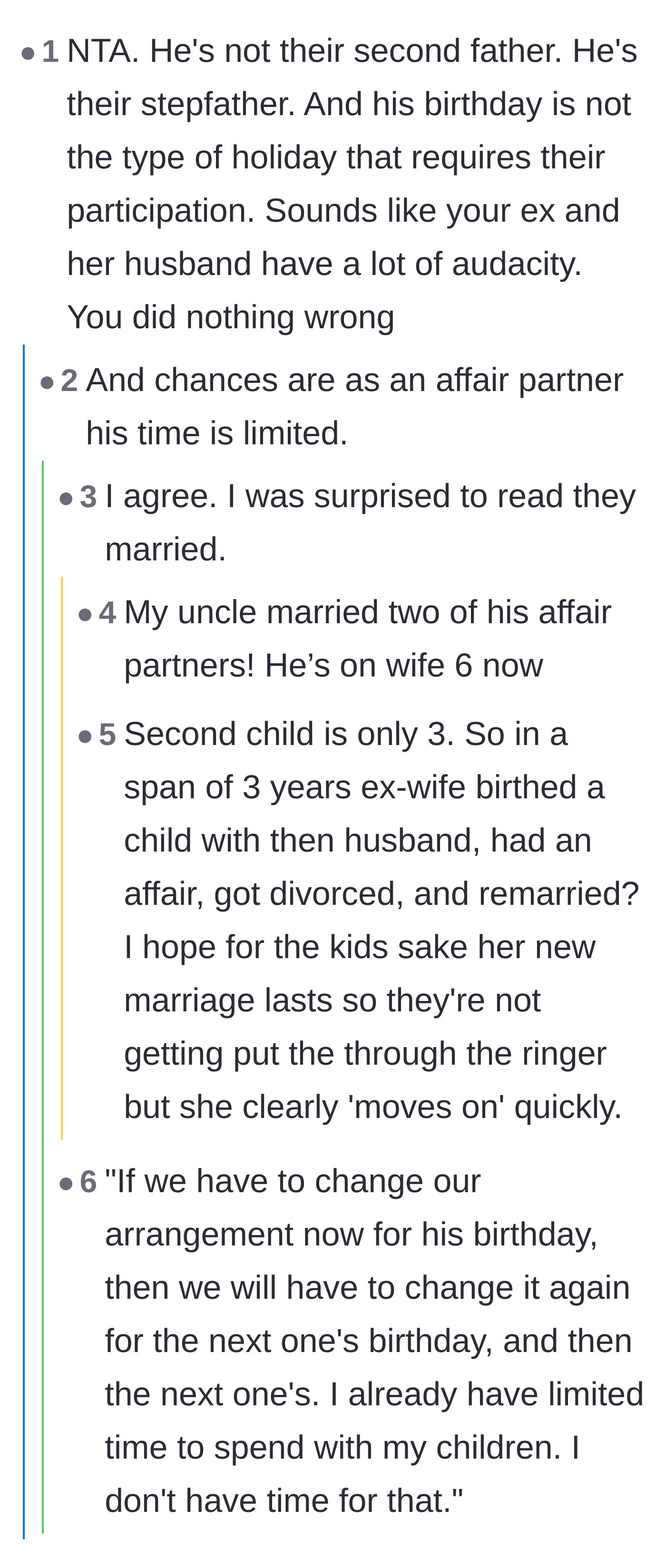 Comment thread mocking the affair partner's demand to be treated as a second father and joking about the likely short lifespan of their marriage.
