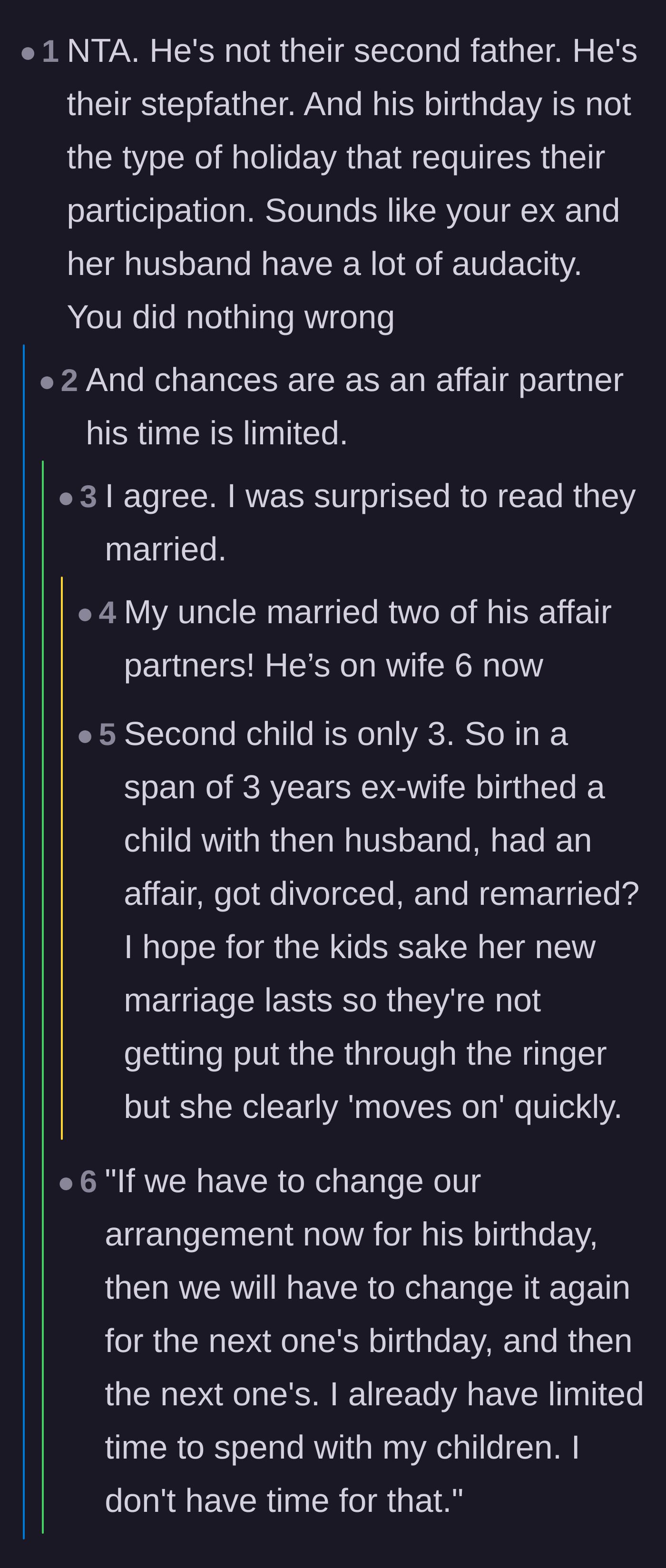 Comment thread mocking the affair partner's demand to be treated as a second father and joking about the likely short lifespan of their marriage.