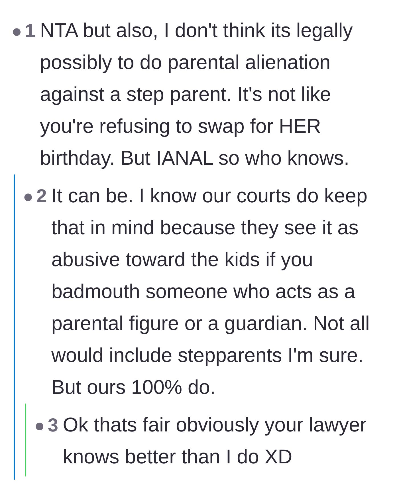 Comment thread debating the legal definitions of parental alienation and how it applies to stepparents in custody agreements.