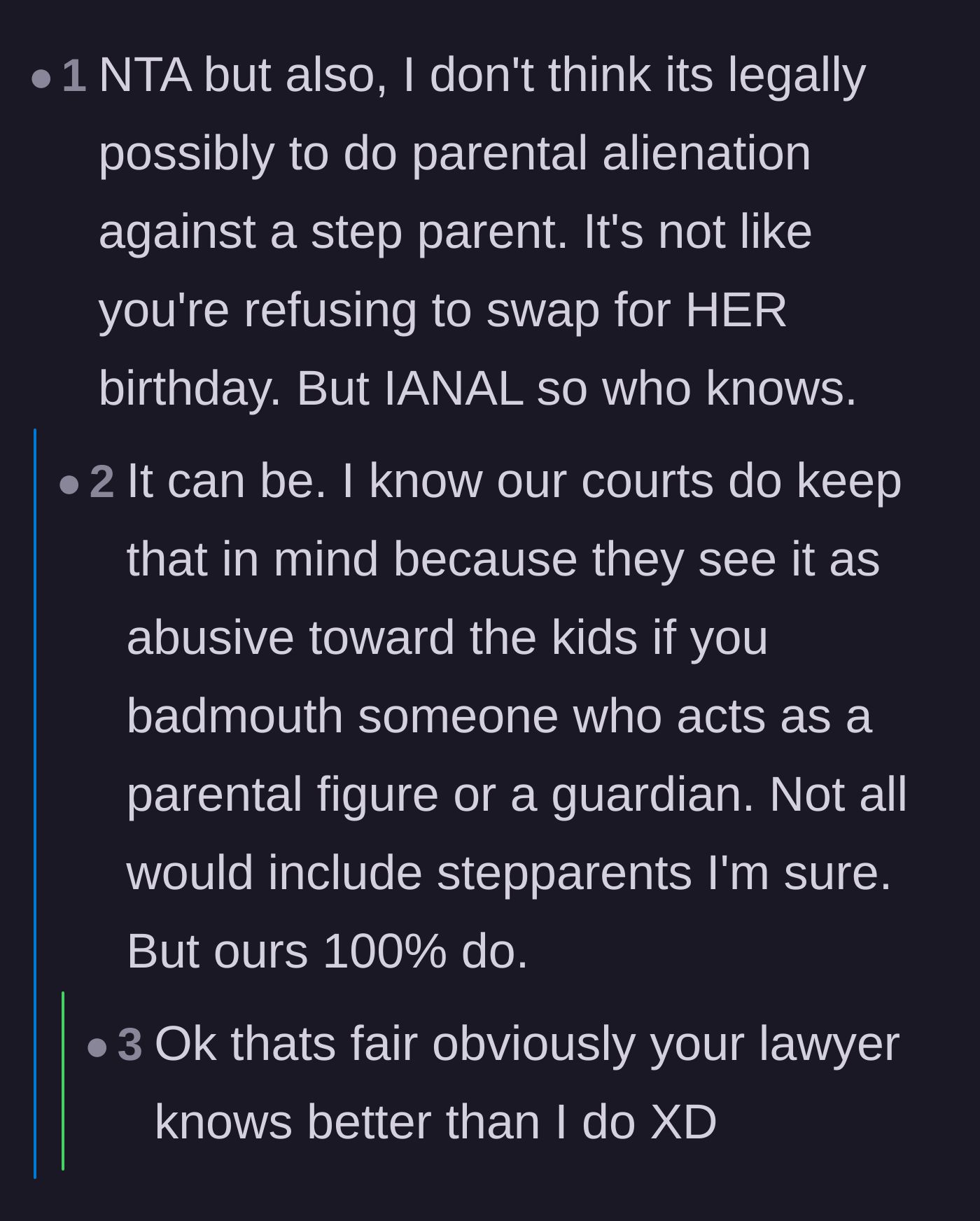 Comment thread debating the legal definitions of parental alienation and how it applies to stepparents in custody agreements.