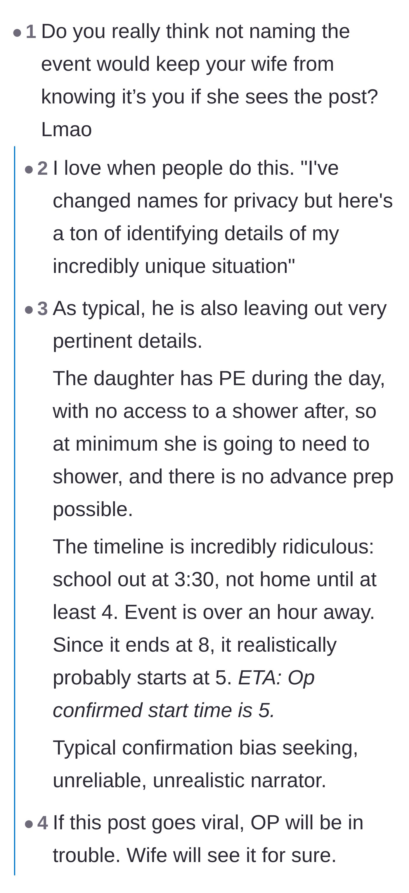 Comment thread 1 - Readers mocking the father for changing names for privacy while omitting crucial timeline and hygiene details.