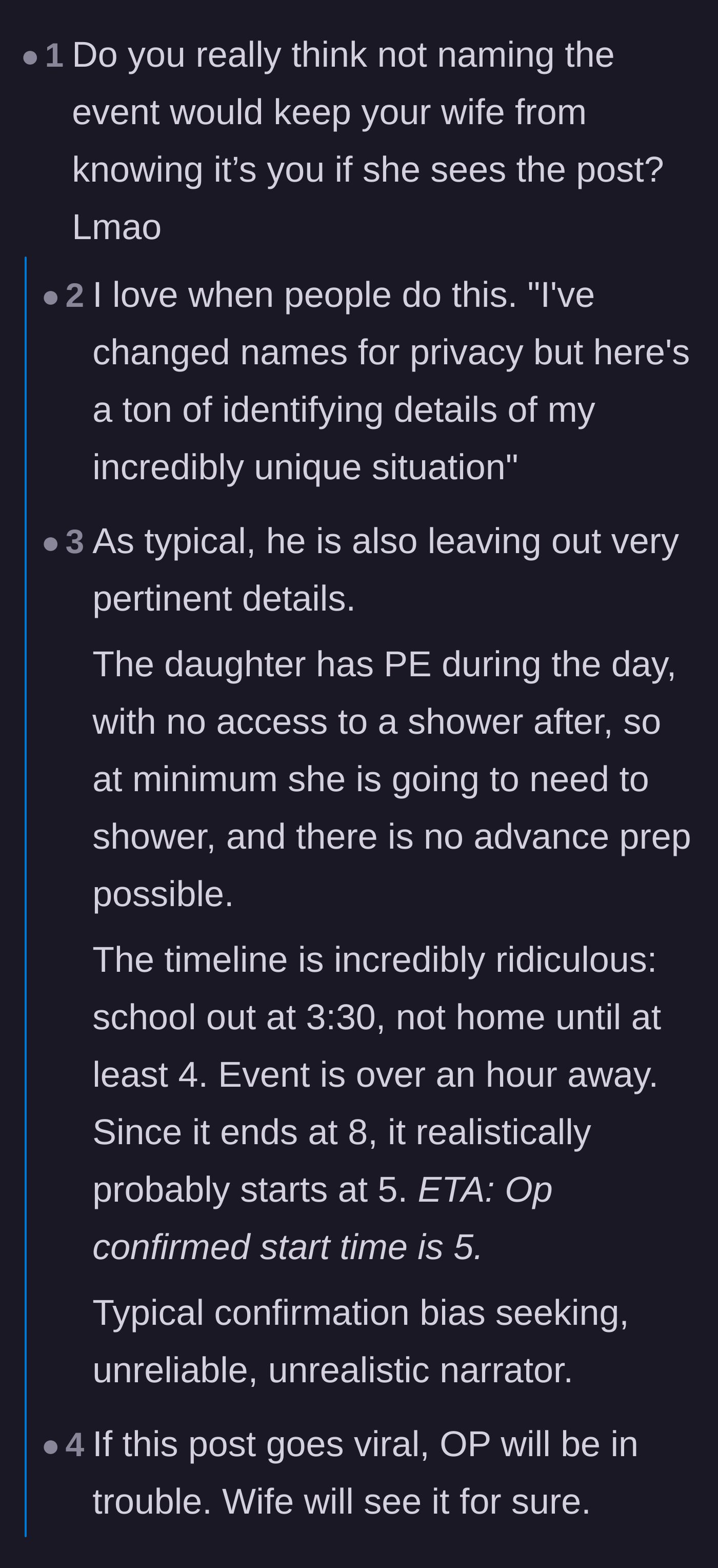 Comment thread 1 - Readers mocking the father for changing names for privacy while omitting crucial timeline and hygiene details.