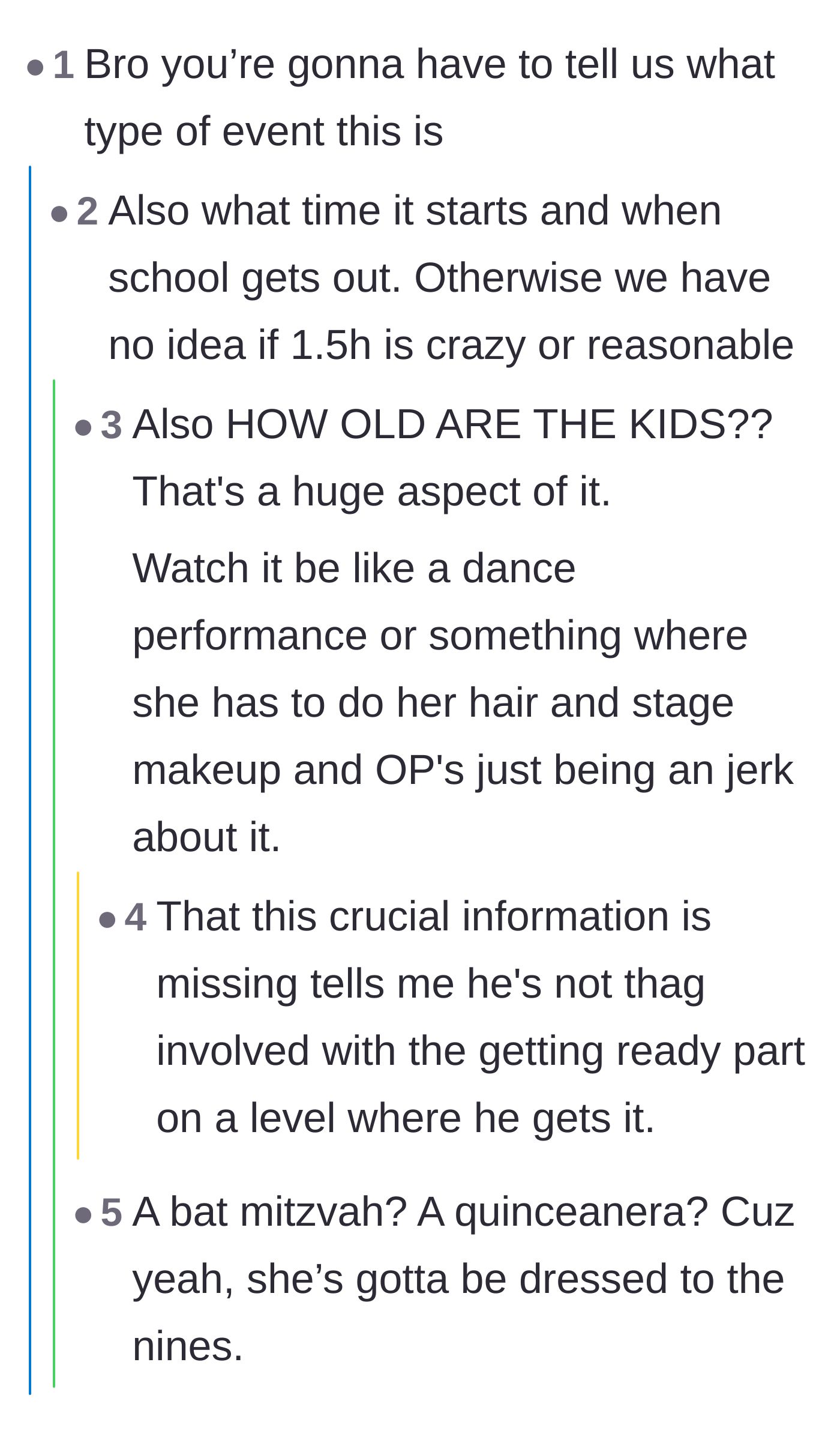 Comment thread 2 - Commenters demanding missing context about the event's formality and accusing the father of just wanting to avoid two school pickups.