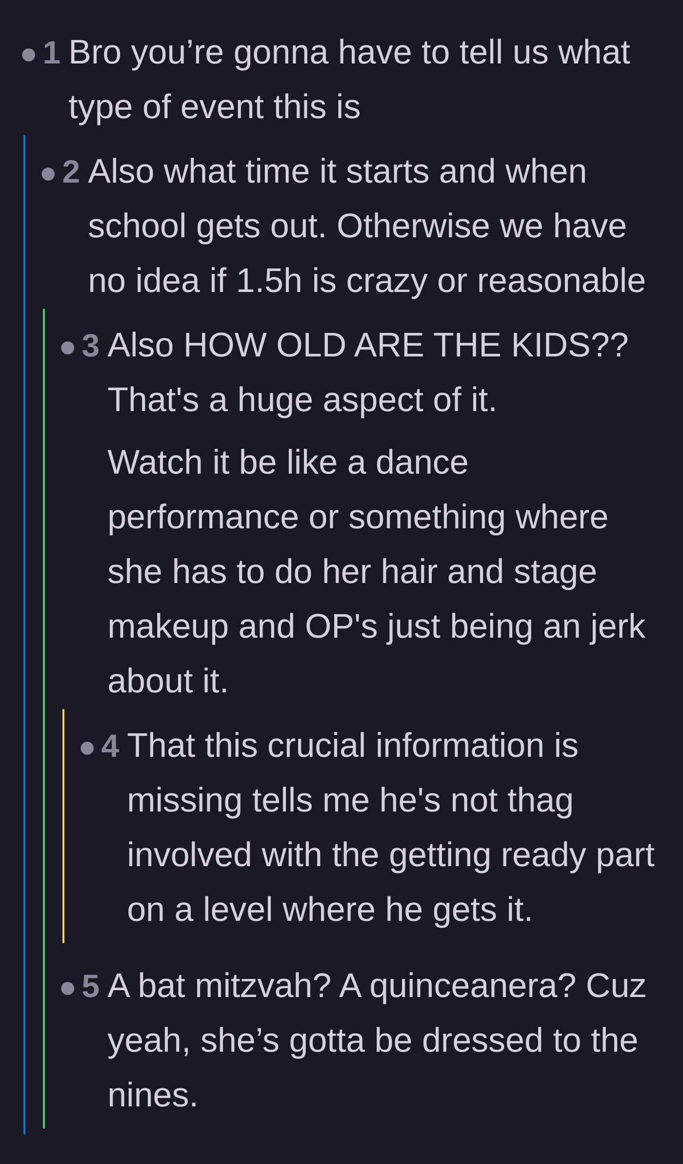Comment thread 2 - Commenters demanding missing context about the event's formality and accusing the father of just wanting to avoid two school pickups.