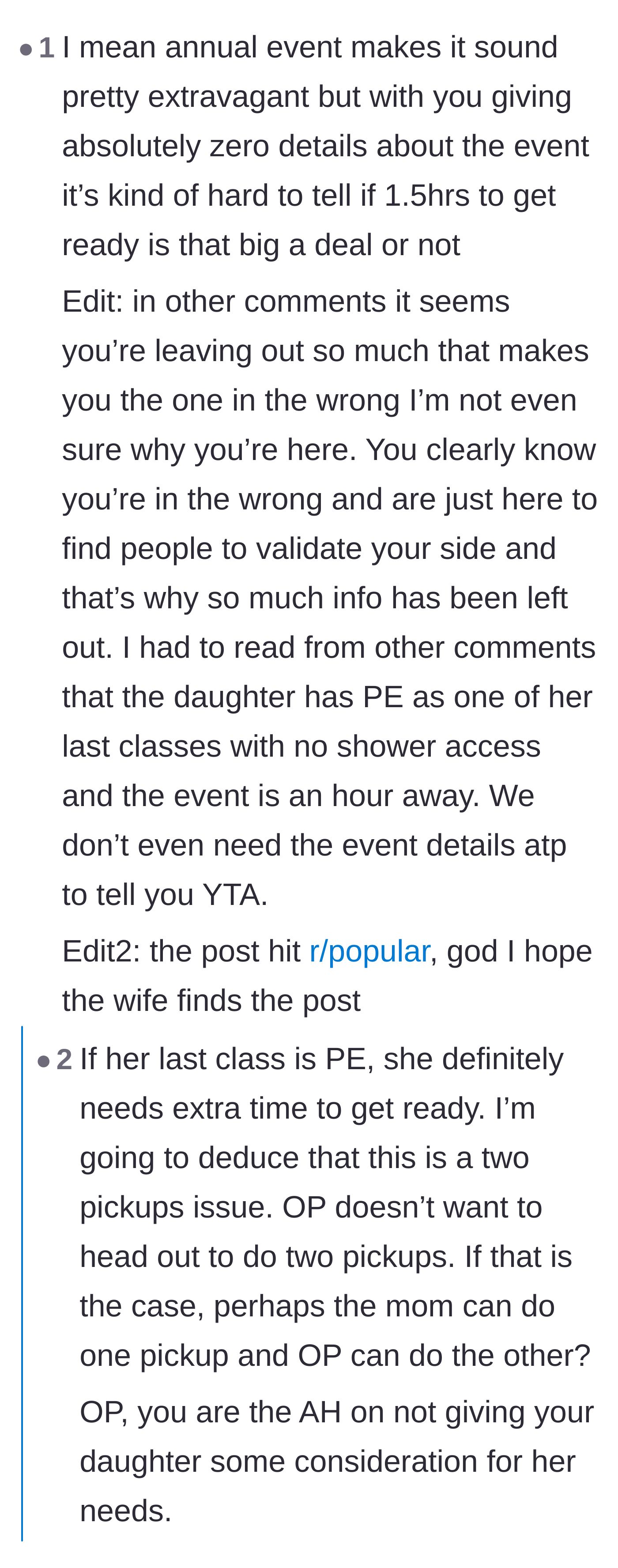 Comment thread 3 - The community uncovering hidden details about the daughter's gym class and the family's travel time.