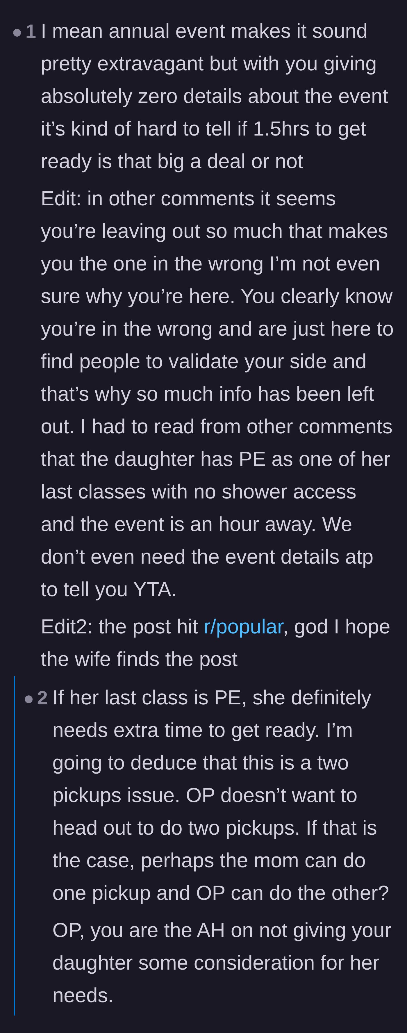 Comment thread 3 - The community uncovering hidden details about the daughter's gym class and the family's travel time.