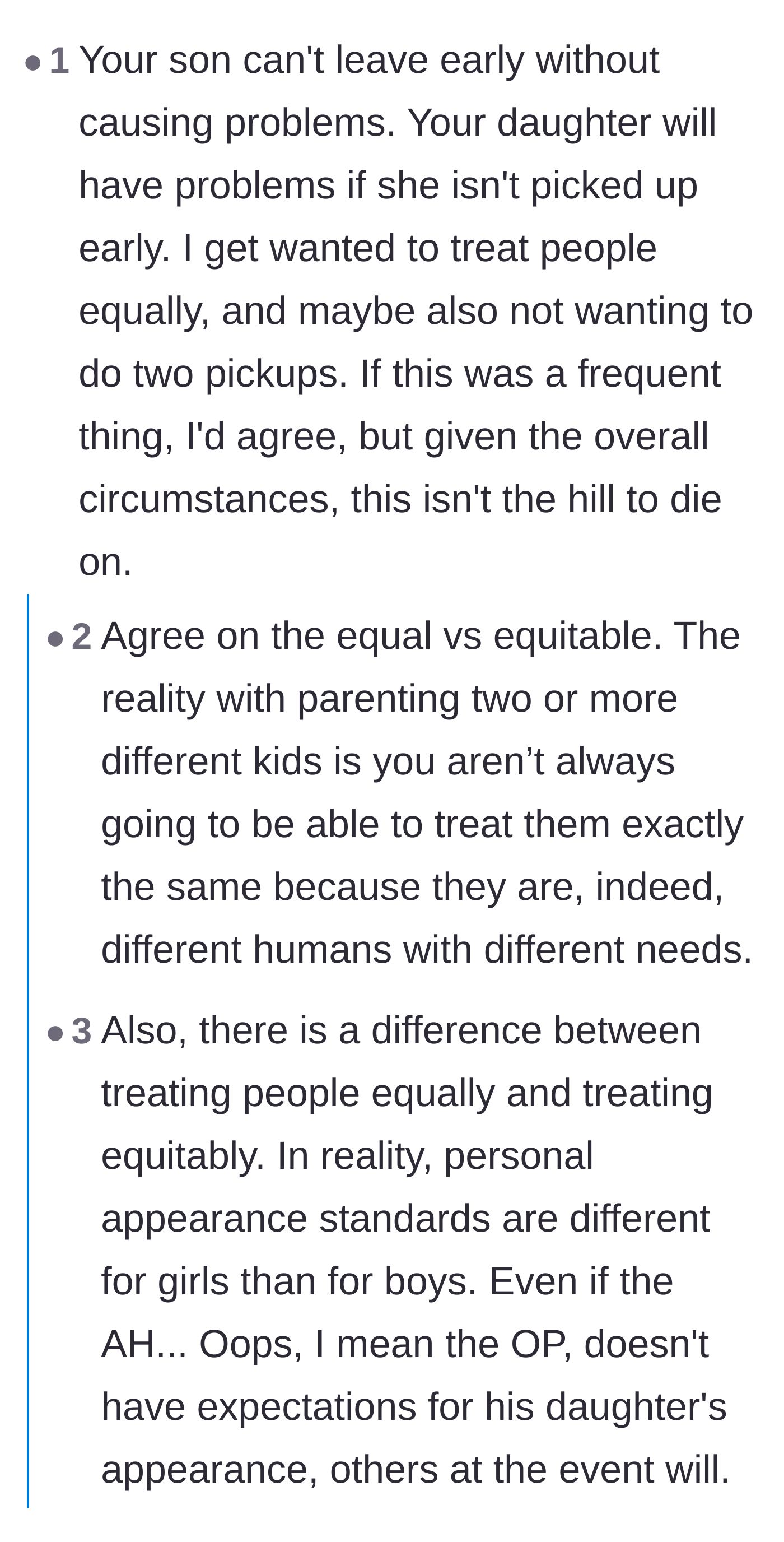 Comment thread 4 - A debate on the difference between equal and equitable parenting, and the societal pressures placed on young women.