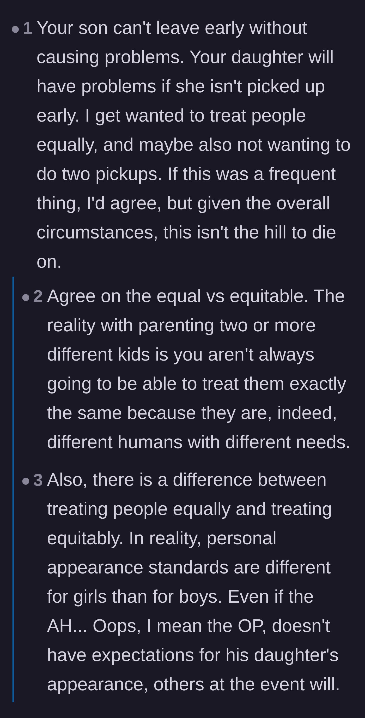 Comment thread 4 - A debate on the difference between equal and equitable parenting, and the societal pressures placed on young women.