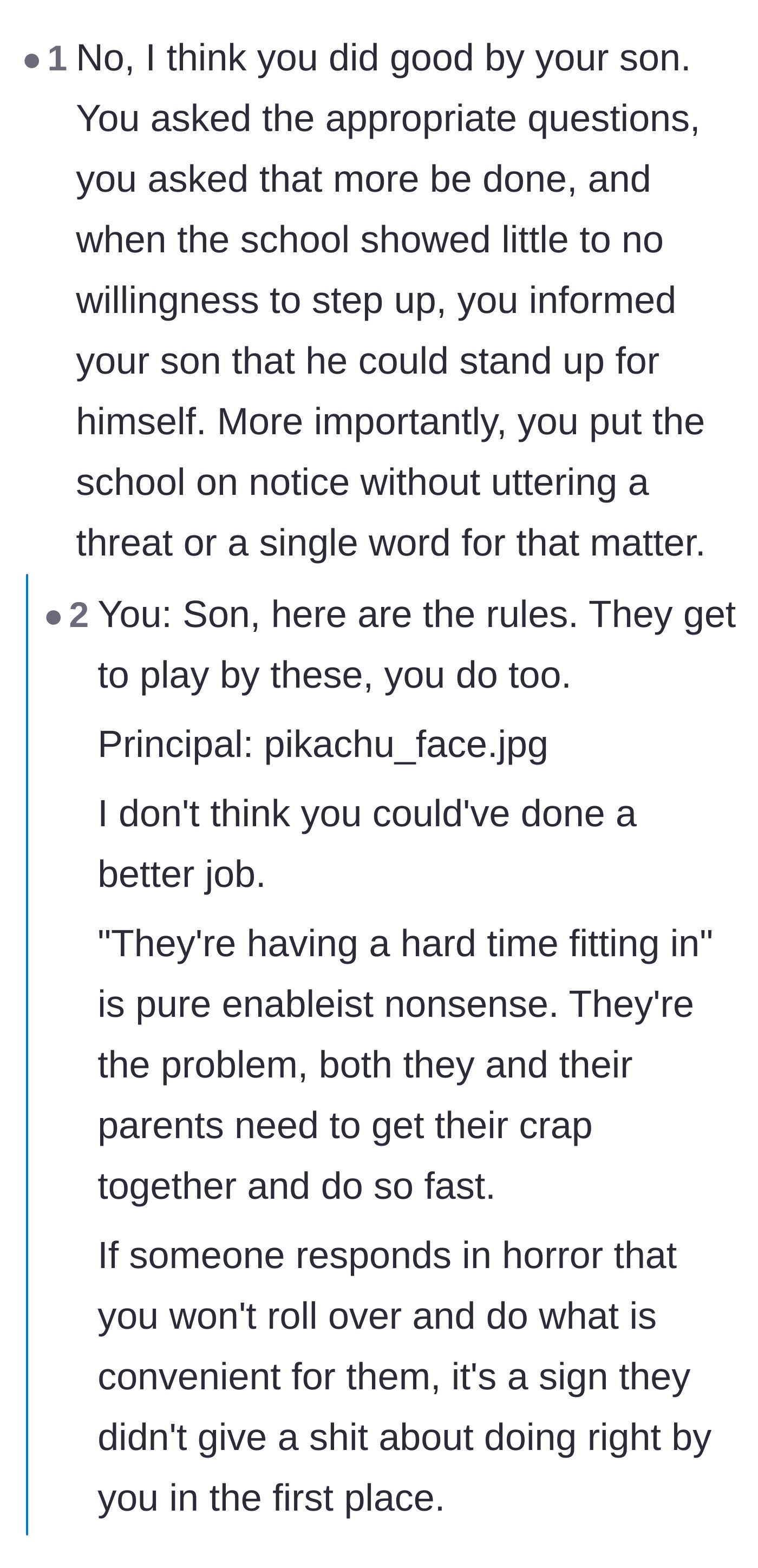 Comment thread 1 - Readers dissect the school's weak cultural excuse and praise the father's unspoken threat.