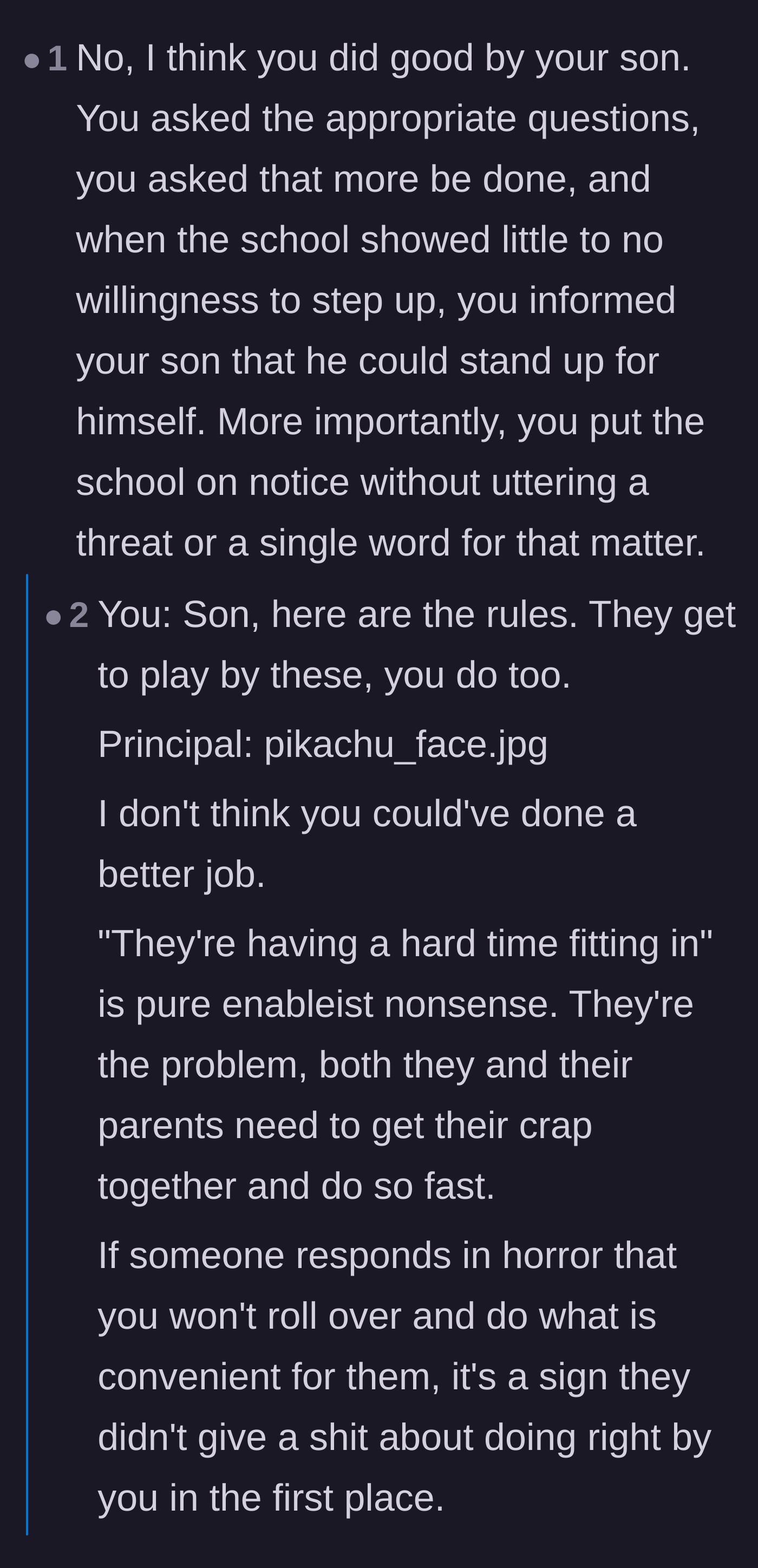 Comment thread 1 - Readers dissect the school's weak cultural excuse and praise the father's unspoken threat.