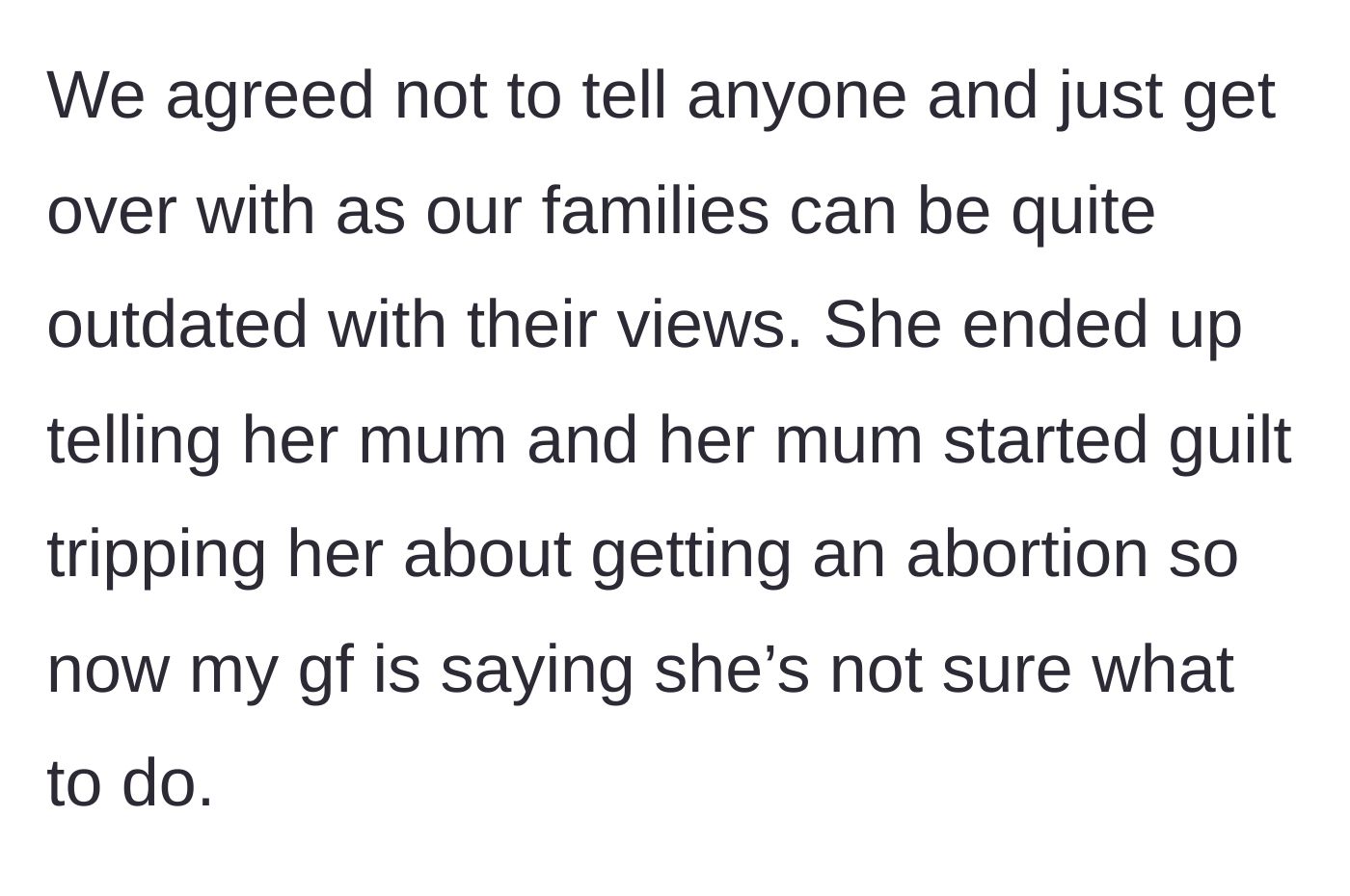 Story part 4 - The girlfriend breaks their agreement by confiding in her traditional mother, leading to immediate emotional manipulation.