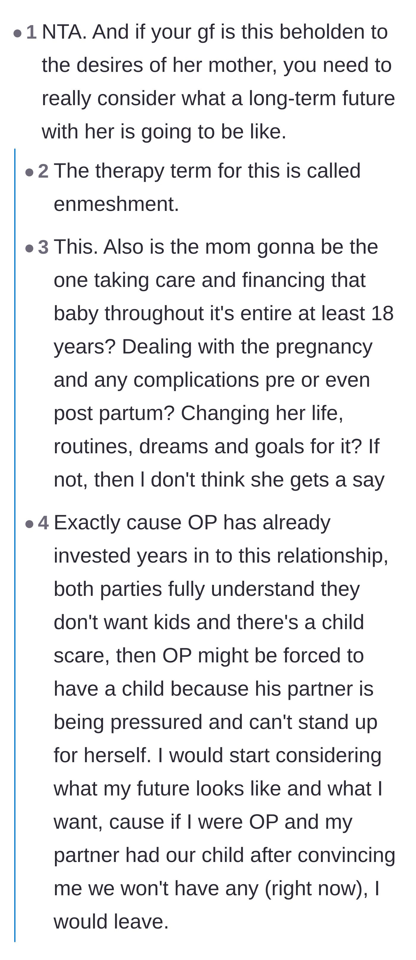 Comment thread 2 - Readers debating the mother's enmeshment and pointing out she won't be the one financially or physically raising the child.