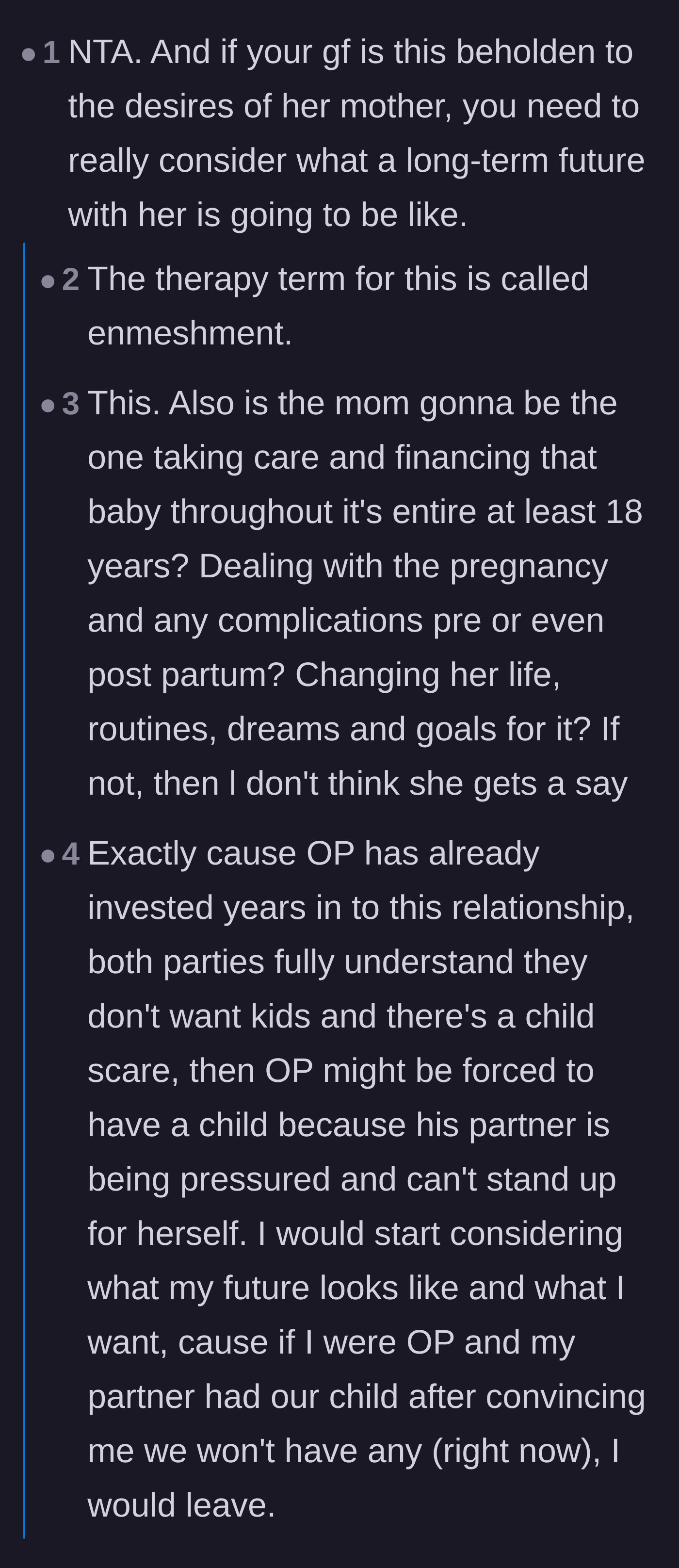 Comment thread 2 - Readers debating the mother's enmeshment and pointing out she won't be the one financially or physically raising the child.