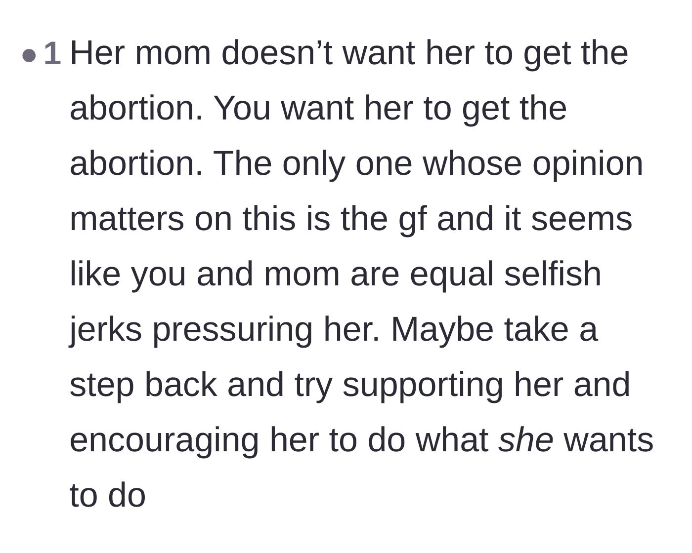 Comment thread 6 - Calling out both the mother and the boyfriend for pressuring the girlfriend instead of letting her figure out her own feelings.