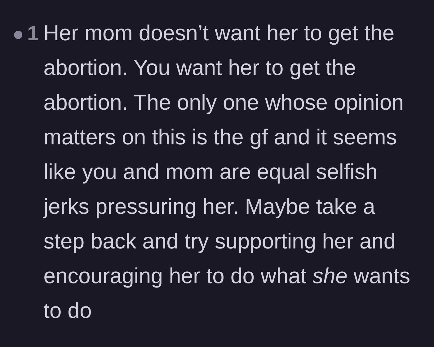 Comment thread 6 - Calling out both the mother and the boyfriend for pressuring the girlfriend instead of letting her figure out her own feelings.