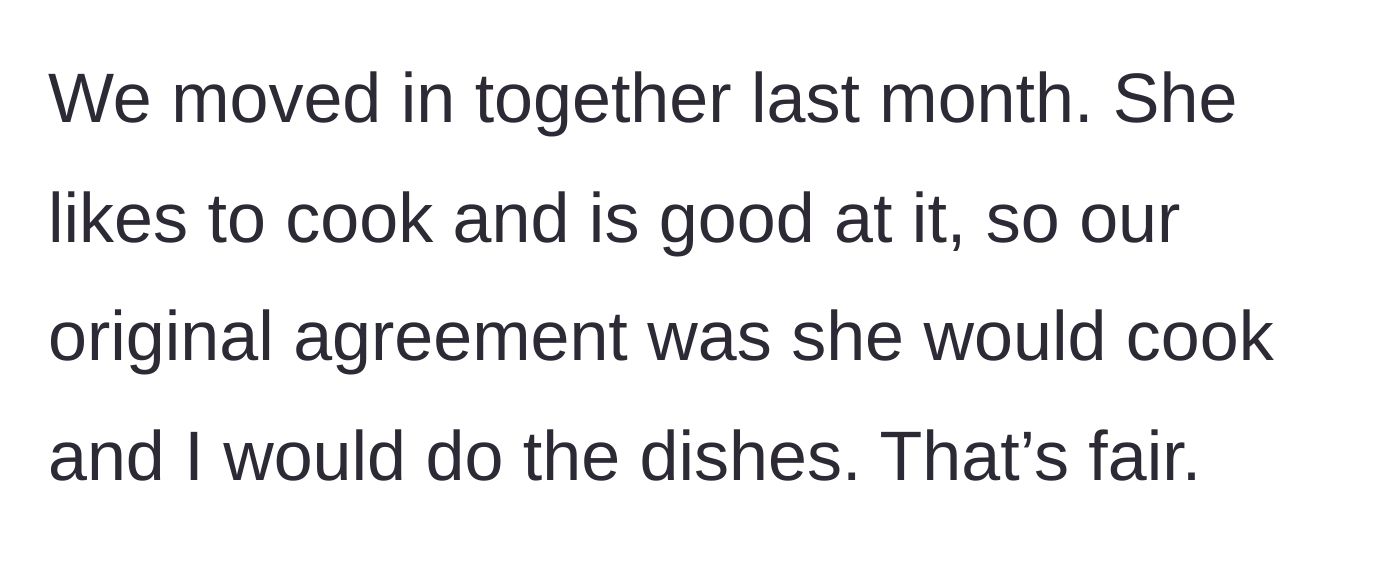 Story part 1 - The couple's initial agreement that she cooks and he cleans the dishes.