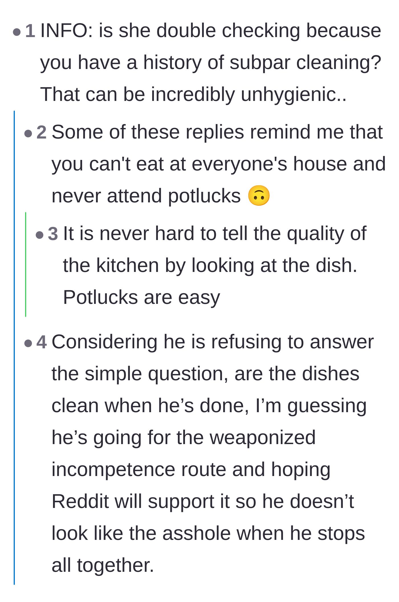 Comment thread 1 - Readers debating if the boyfriend is using weaponized incompetence to get out of doing a bad job washing dishes.
