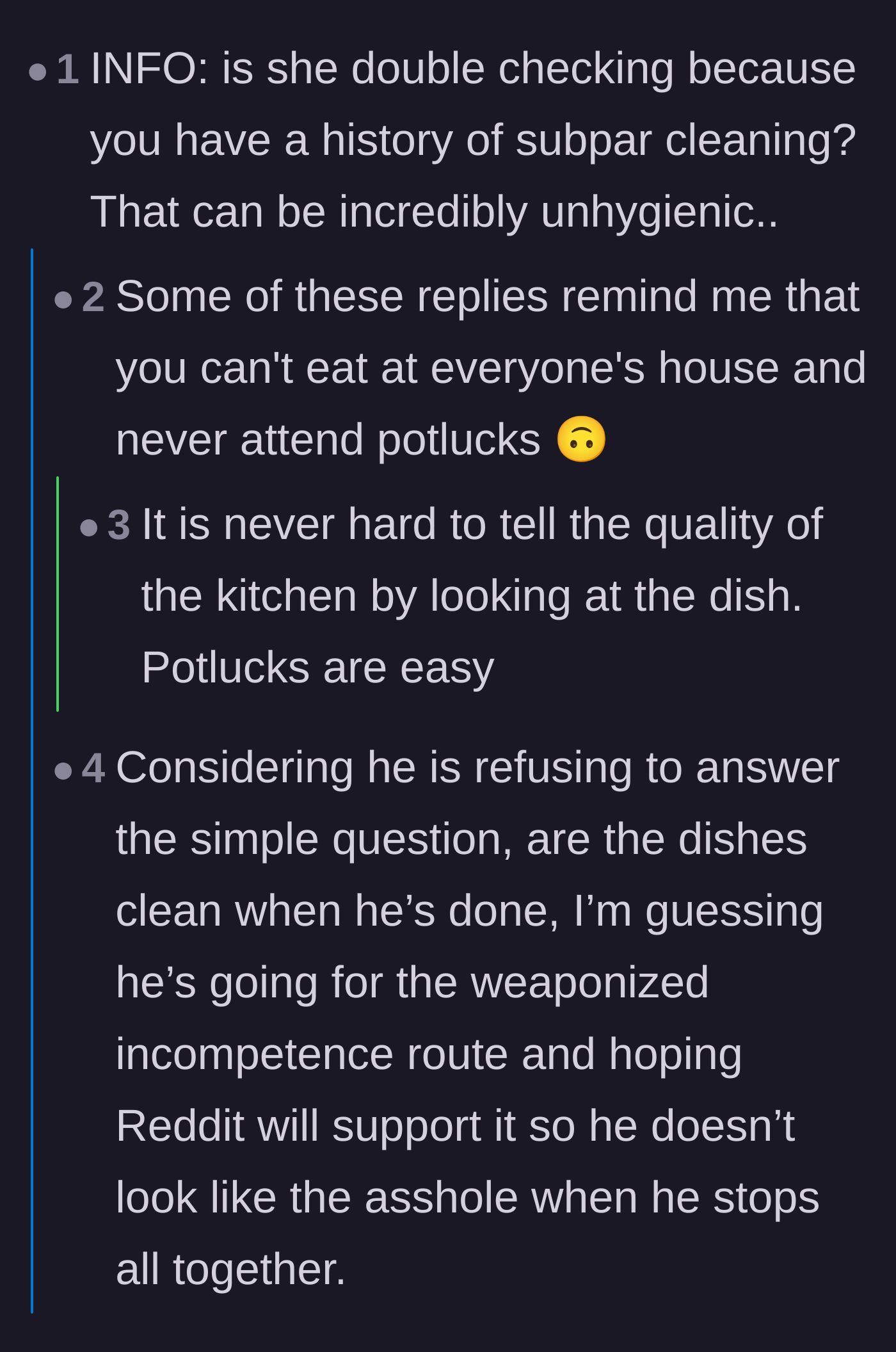 Comment thread 1 - Readers debating if the boyfriend is using weaponized incompetence to get out of doing a bad job washing dishes.