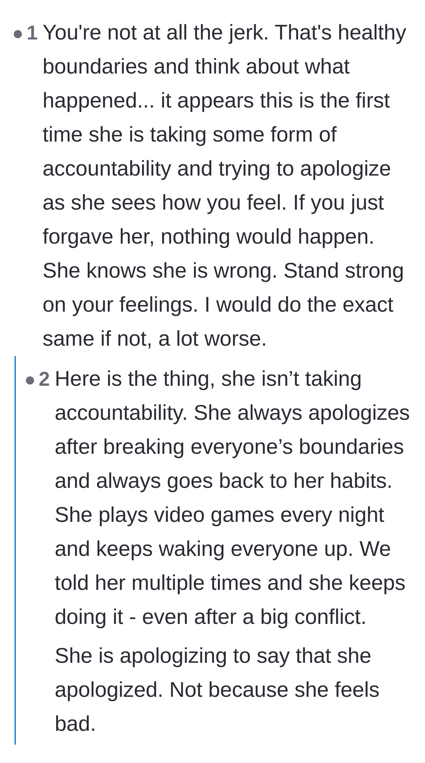 Comment thread 1 - Debate about whether the sister is actually taking accountability or just going through the motions.