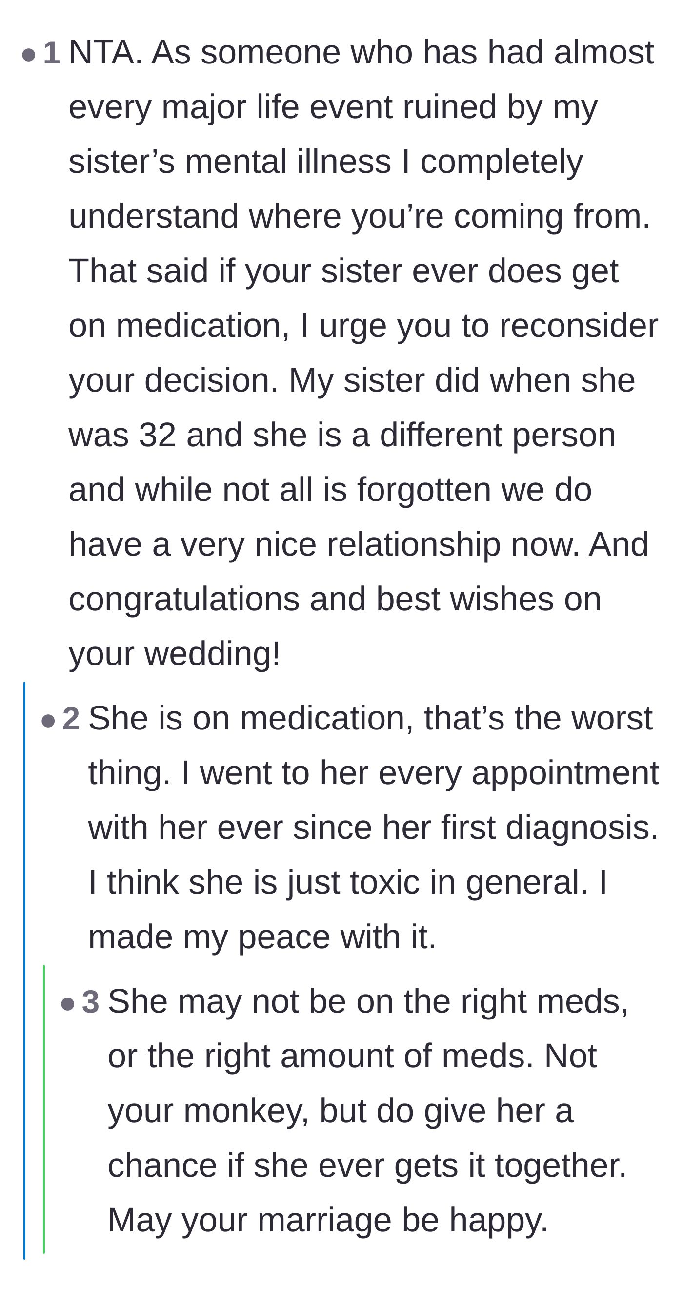 Comment thread 2 - Discussion about the sister's medication, with the bride revealing she is already medicated but just inherently toxic.