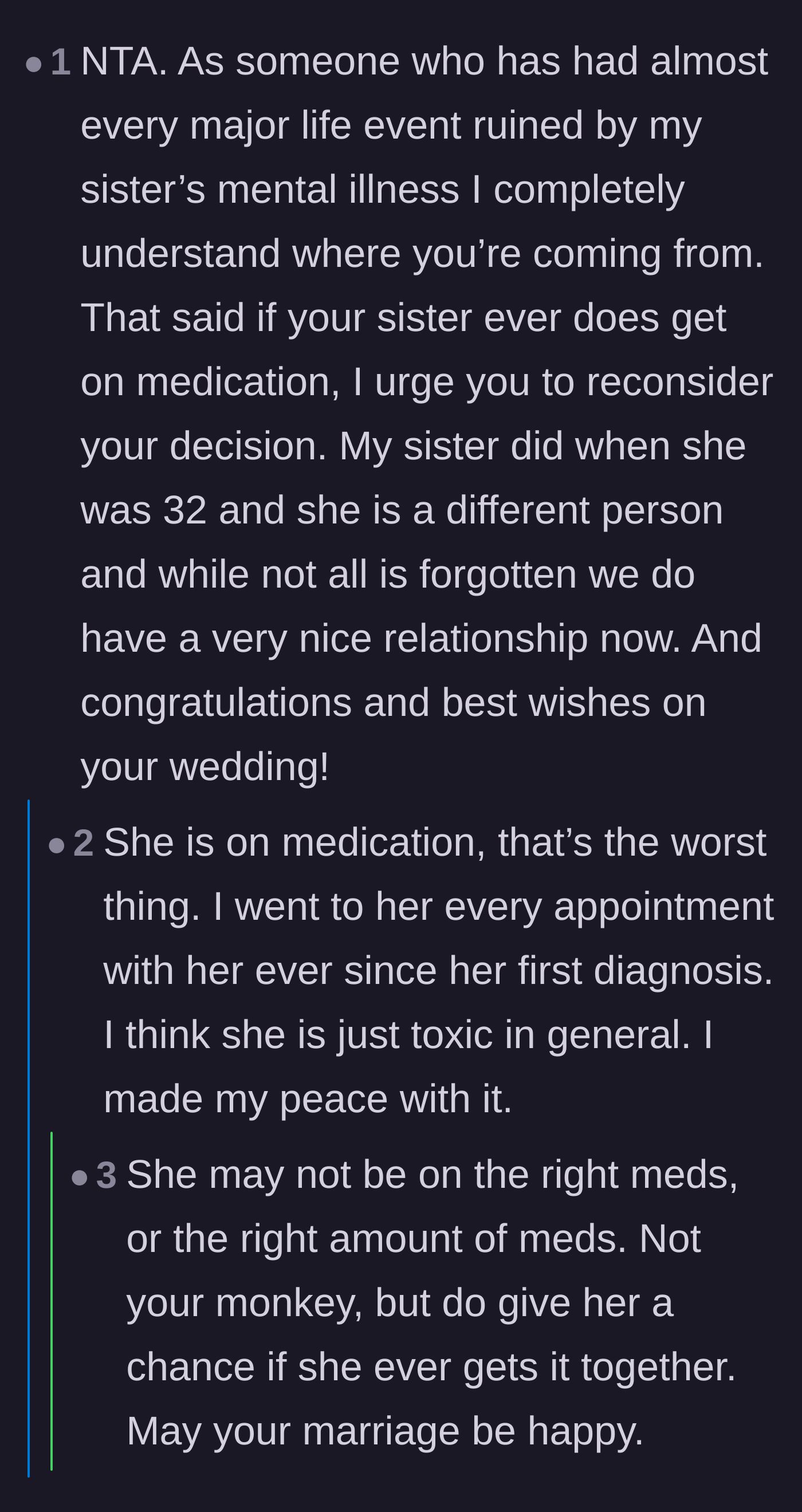 Comment thread 2 - Discussion about the sister's medication, with the bride revealing she is already medicated but just inherently toxic.