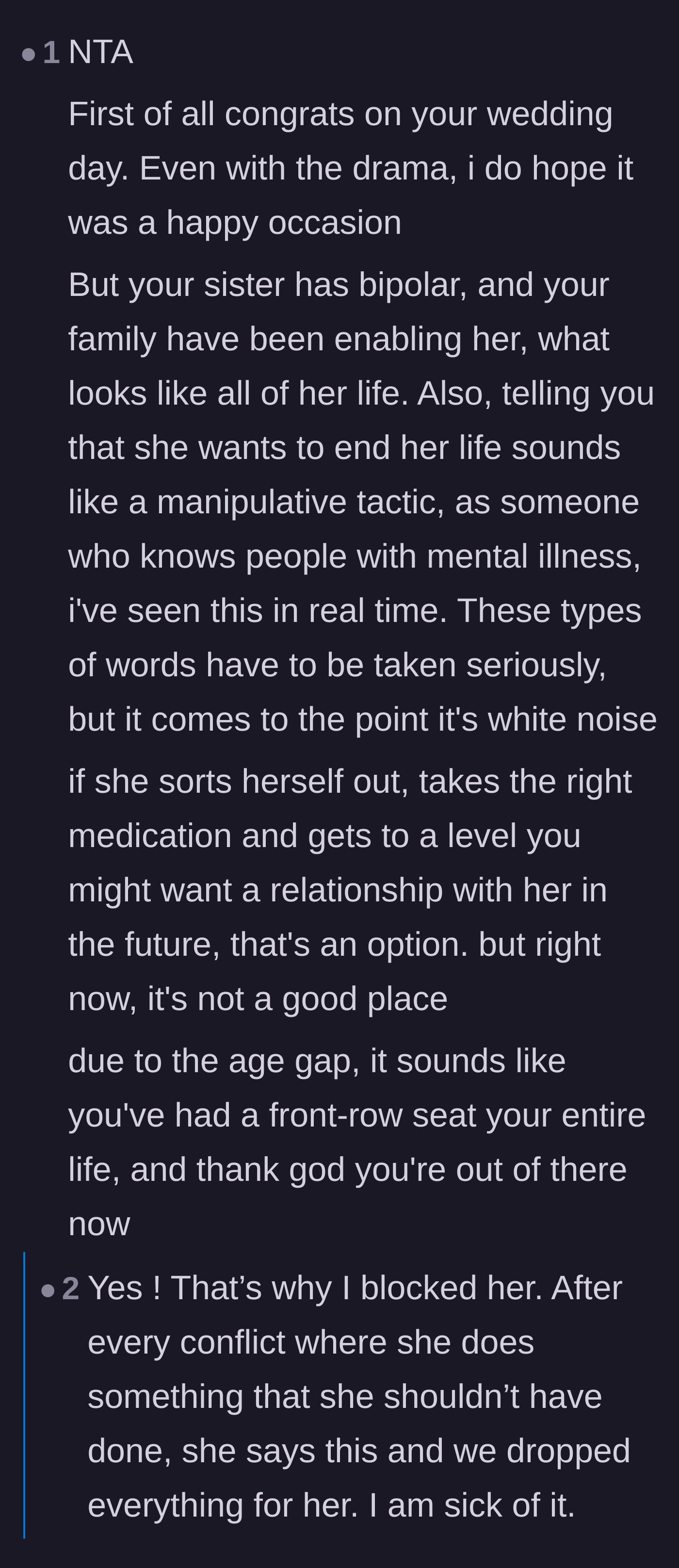 Comment thread 4 - Thread identifying the sister's self-harm threats as a manipulative tactic used to avoid consequences.