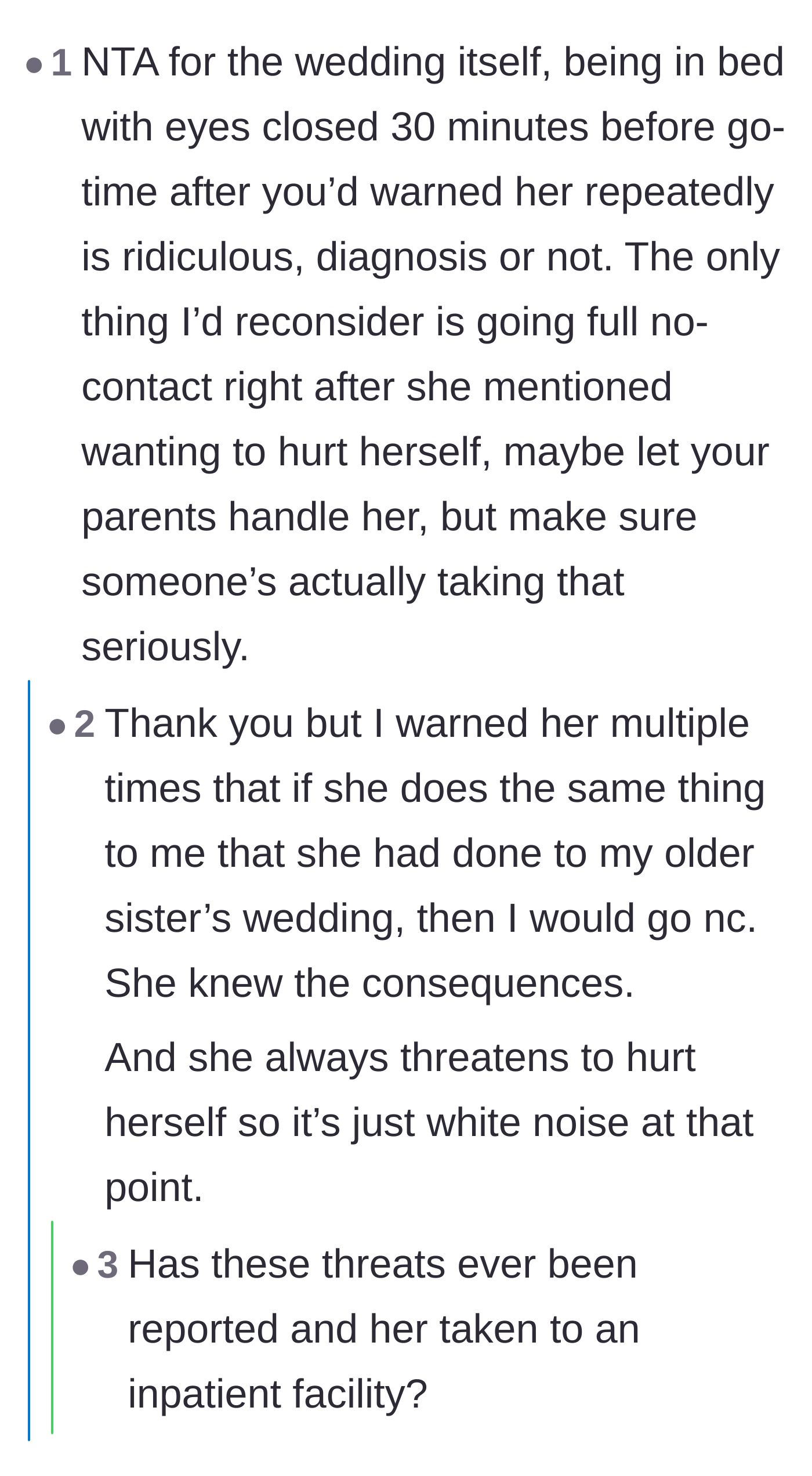 Comment thread 6 - Discussion on the bride's history of calling facilities for her sister's threats, revealing the sister sneaks alcohol into rehab.