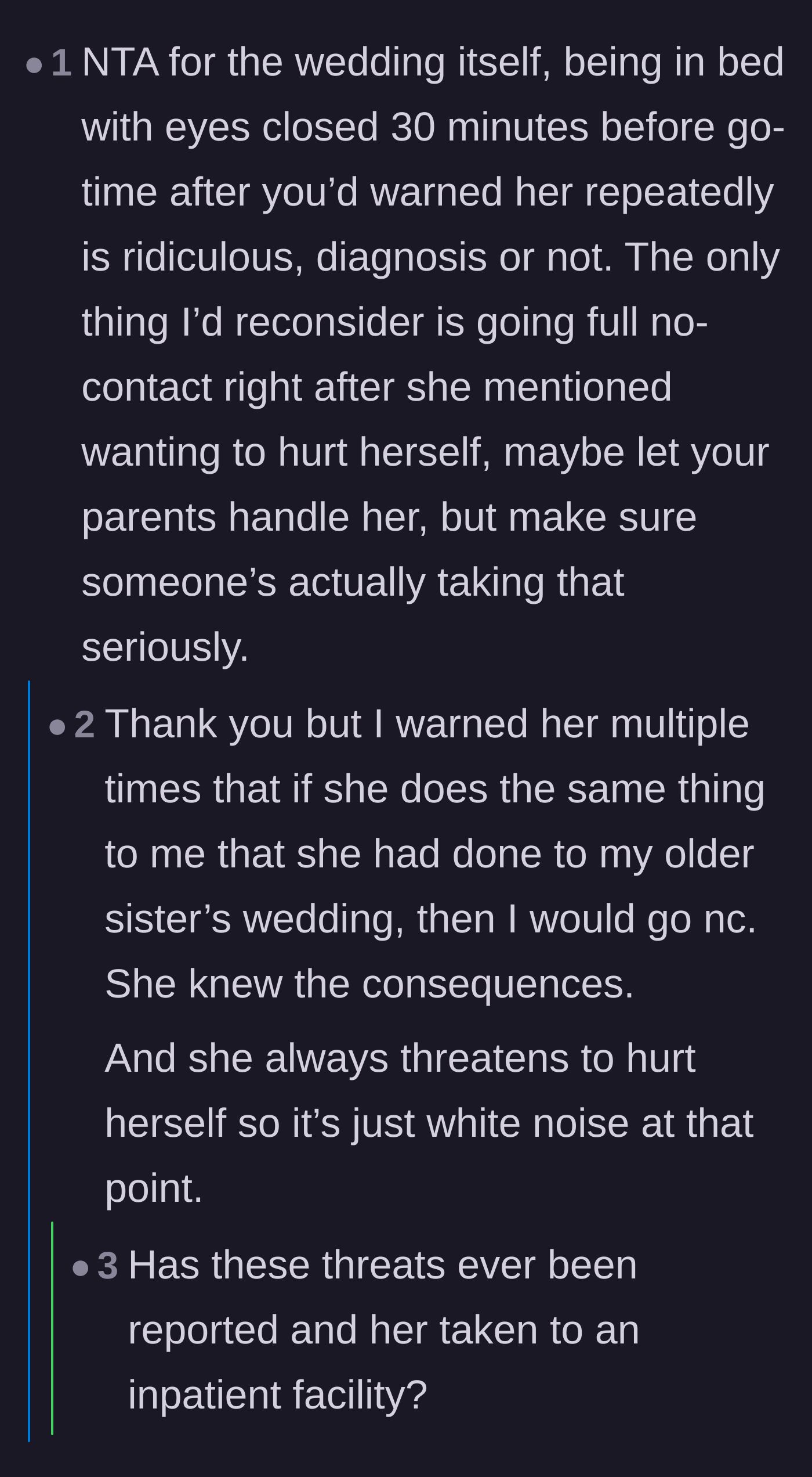 Comment thread 6 - Discussion on the bride's history of calling facilities for her sister's threats, revealing the sister sneaks alcohol into rehab.