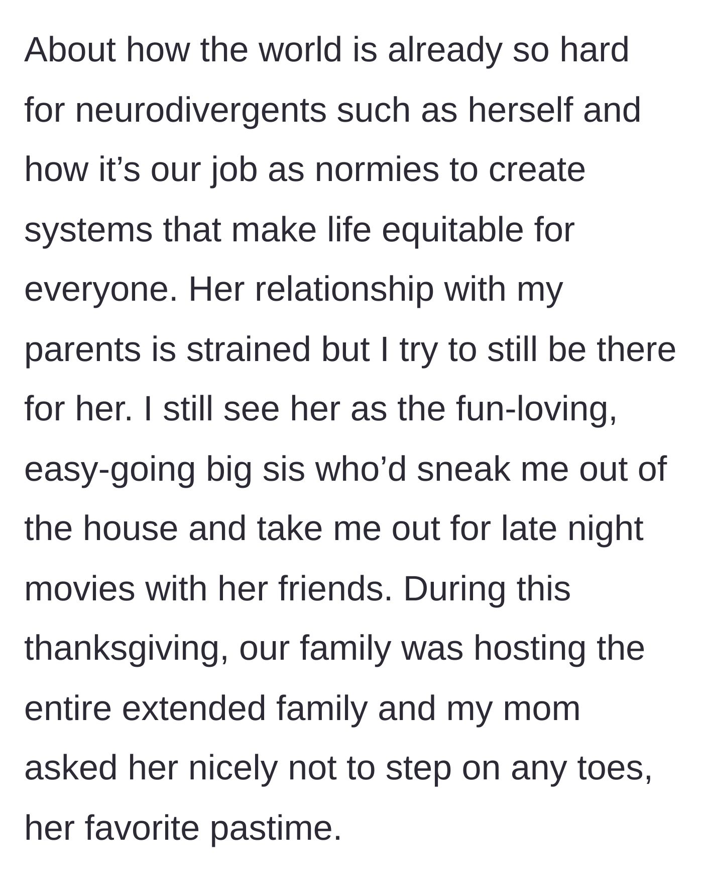 Story part 3 - The sister constantly lectures her family about making the world equitable, while the mom pleads with her to behave for Thanksgiving.