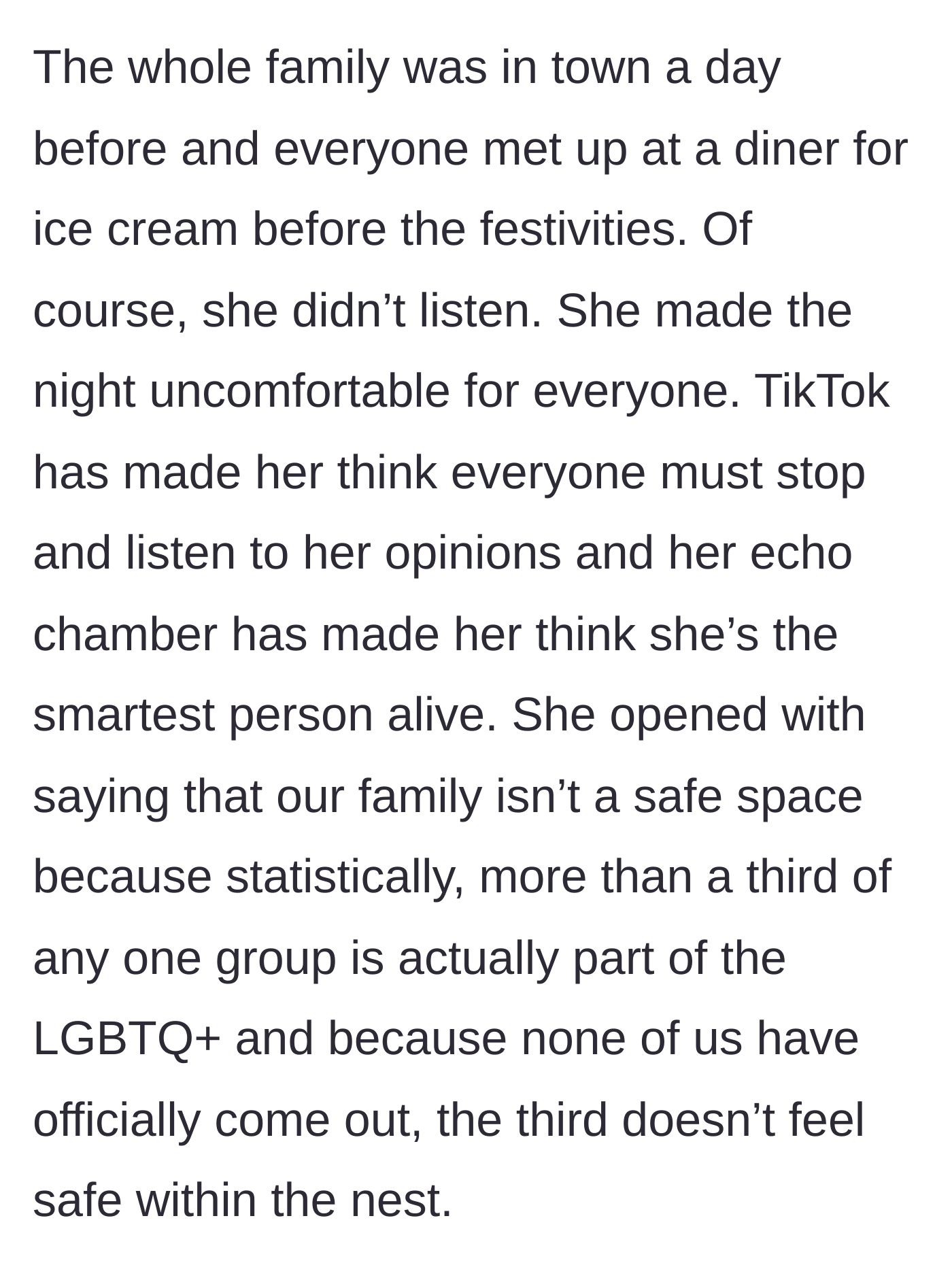 Story part 4 - At a pre-Thanksgiving diner meetup, the sister immediately launches into an unprovoked lecture about the family not being a safe space.