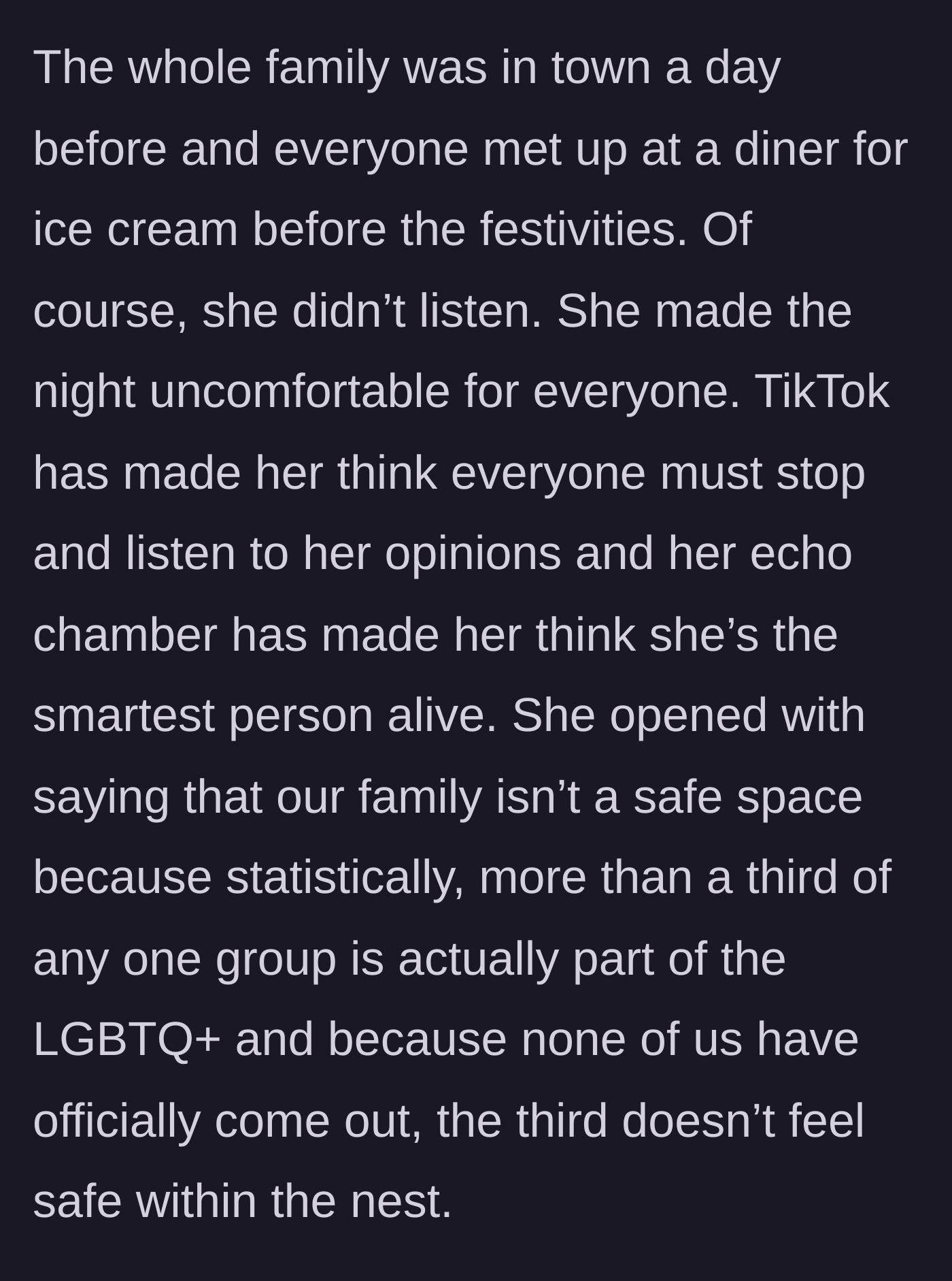 Story part 4 - At a pre-Thanksgiving diner meetup, the sister immediately launches into an unprovoked lecture about the family not being a safe space.