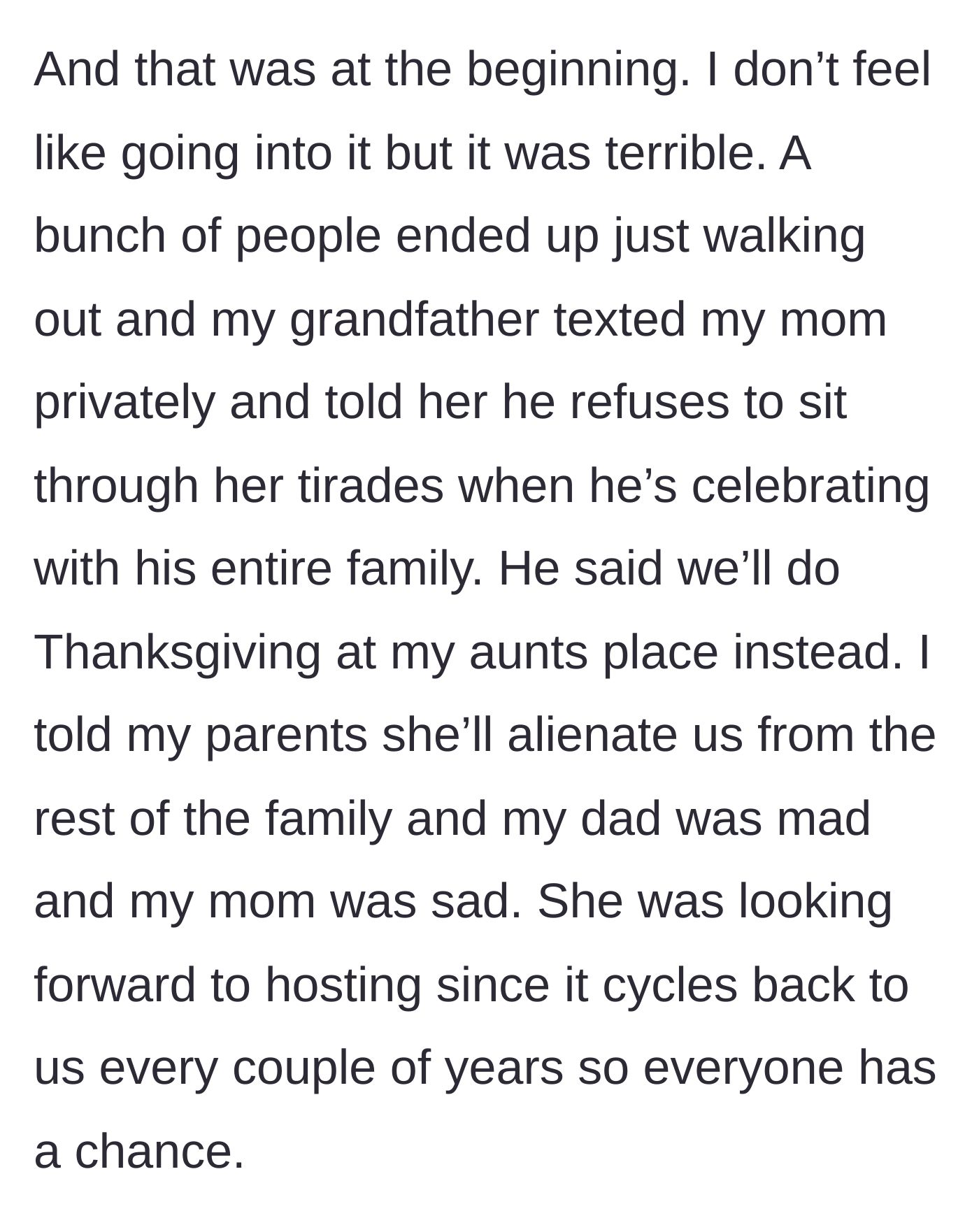 Story part 5 - Extended family members walk out of the diner, and the grandfather completely relocates Thanksgiving to avoid the sister.